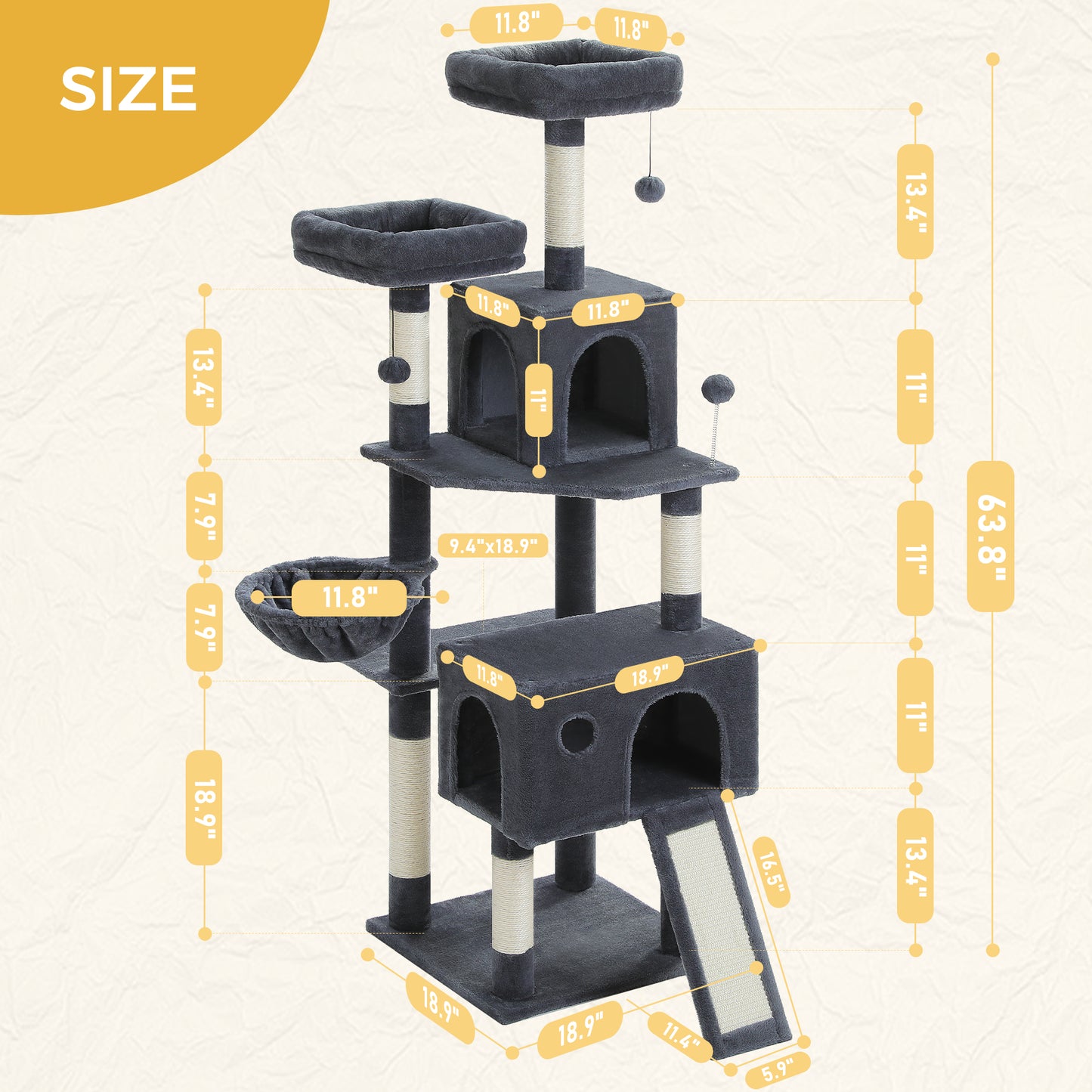 PAWZ Road XXL-Árbol rascador 162cm | Columnas rascadoras envueltas en sisal | Con gran hamaca + 2 plataformas superiores | Incl. pelotas de juego intercambiables | Para razas de gatos grandes