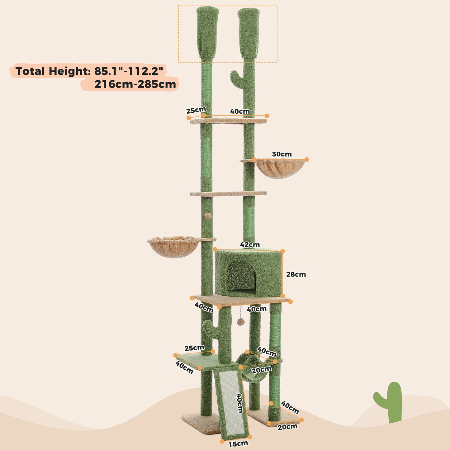 PAWZ Road Cactus Cat Tree – Ceiling-high scratching post with adjustable height (215-285 cm) | 7-tier climbing center | with hammocks | 5 platforms | sisal scratching posts