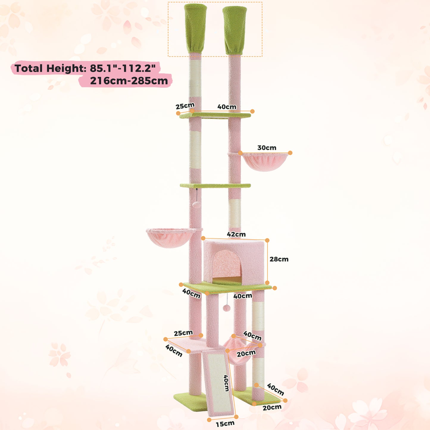 PAWZ Road Cactus Cat Tree – Ceiling-high scratching post with adjustable height (215-285 cm) | 7-tier climbing center | with hammocks | 5 platforms | sisal scratching posts