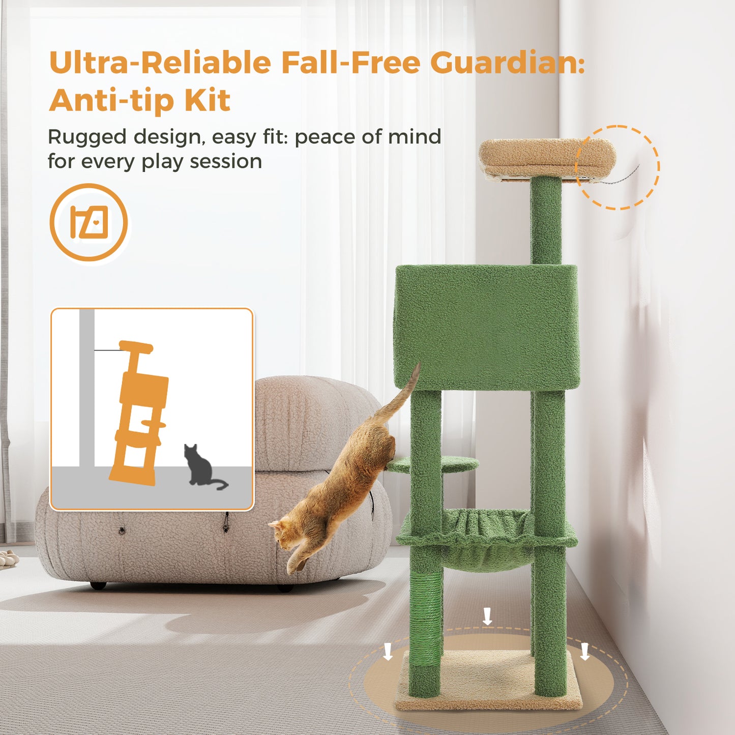 « Ensemble de protection Kippschutz » PAWZ Road Arbre à chats - Hamac métallique + Plates-formes multi-niveaux｜Base XXL 50×43cm (pour 2-3 chats)