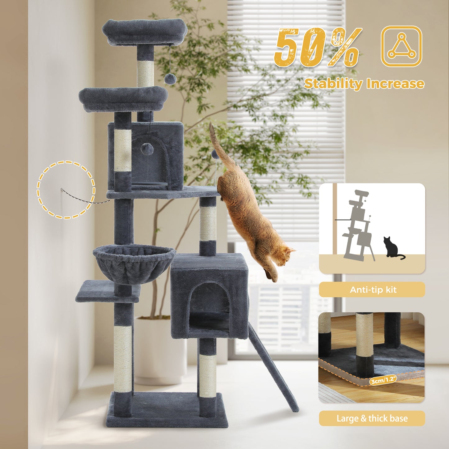 PAWZ Road XXL-Árbol rascador 162cm | Columnas rascadoras envueltas en sisal | Con gran hamaca + 2 plataformas superiores | Incl. pelotas de juego intercambiables | Para razas de gatos grandes