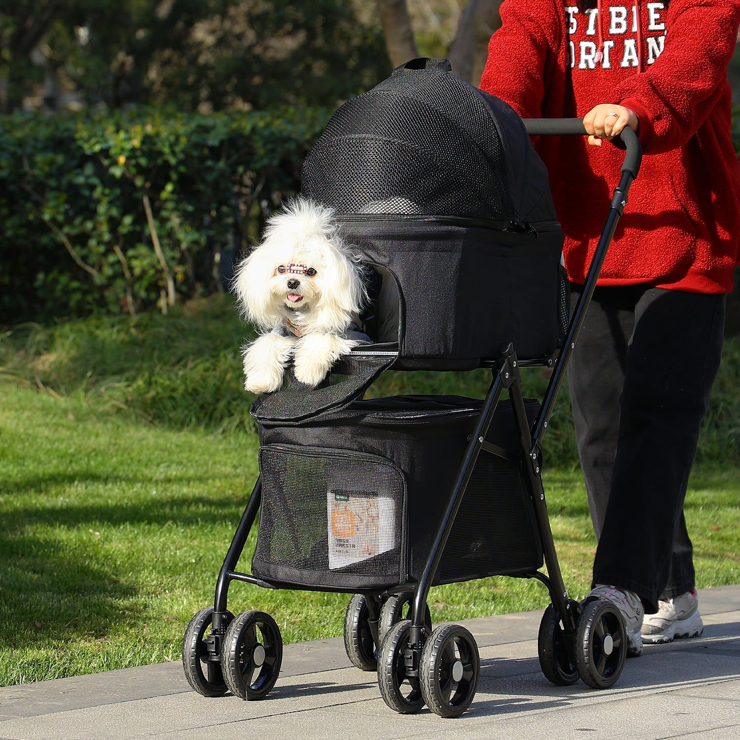 Passeggino pieghevole per cani - Sospensione a 360° + tetto ventilato a 2 stadi | Ingresso senza cerniera | Cintura di sicurezza