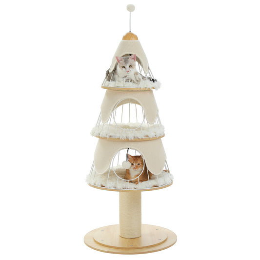 PAWZ Road Weihnachts-Katzenbaum – 130 cm mehrstufiger Katzenturm | 14 cm starke Sisal-Ummantelung | 3 große Schlafhäuser | Indoor-Kratzbaum