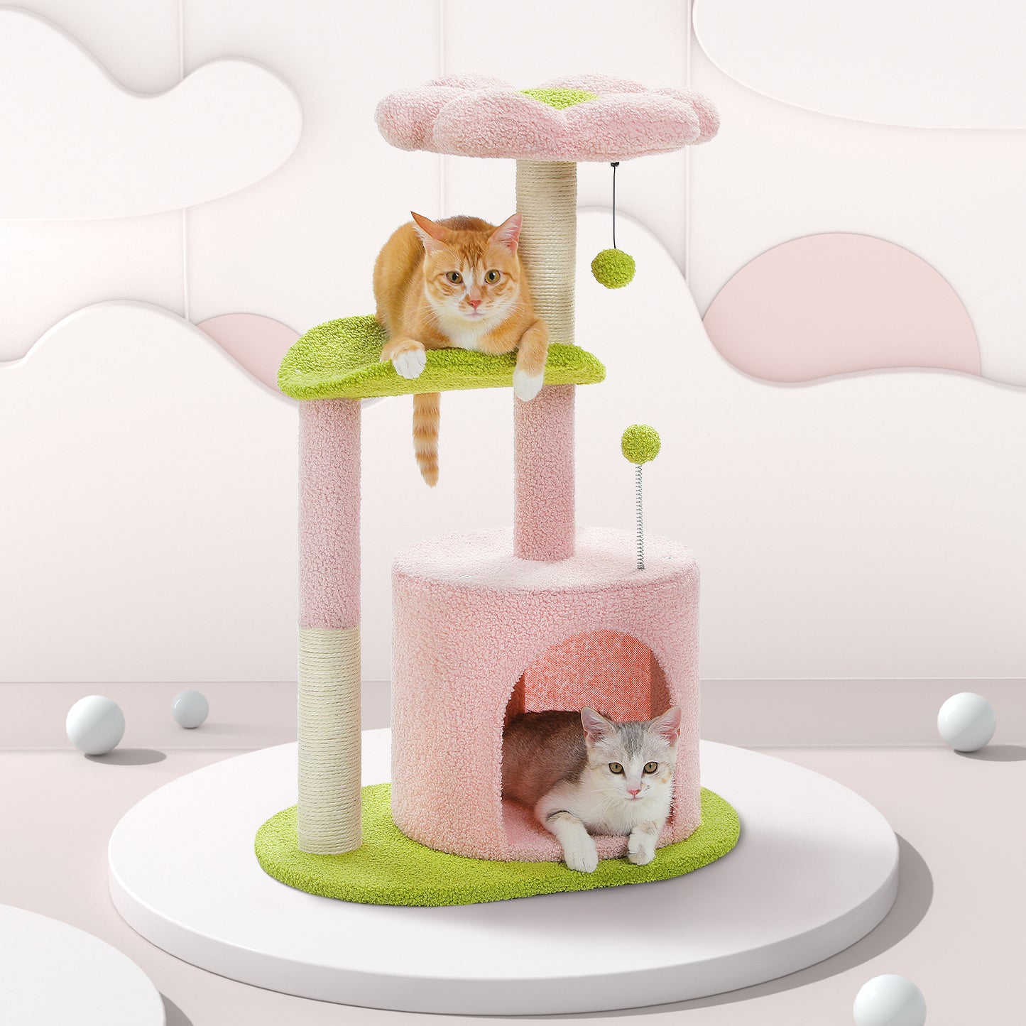 PAWZ Road Cat Tree – 81 cm purple flower cat tree | Sisal scratching posts | Cozy cat house | Cuddly platforms | Fluffy play balls
