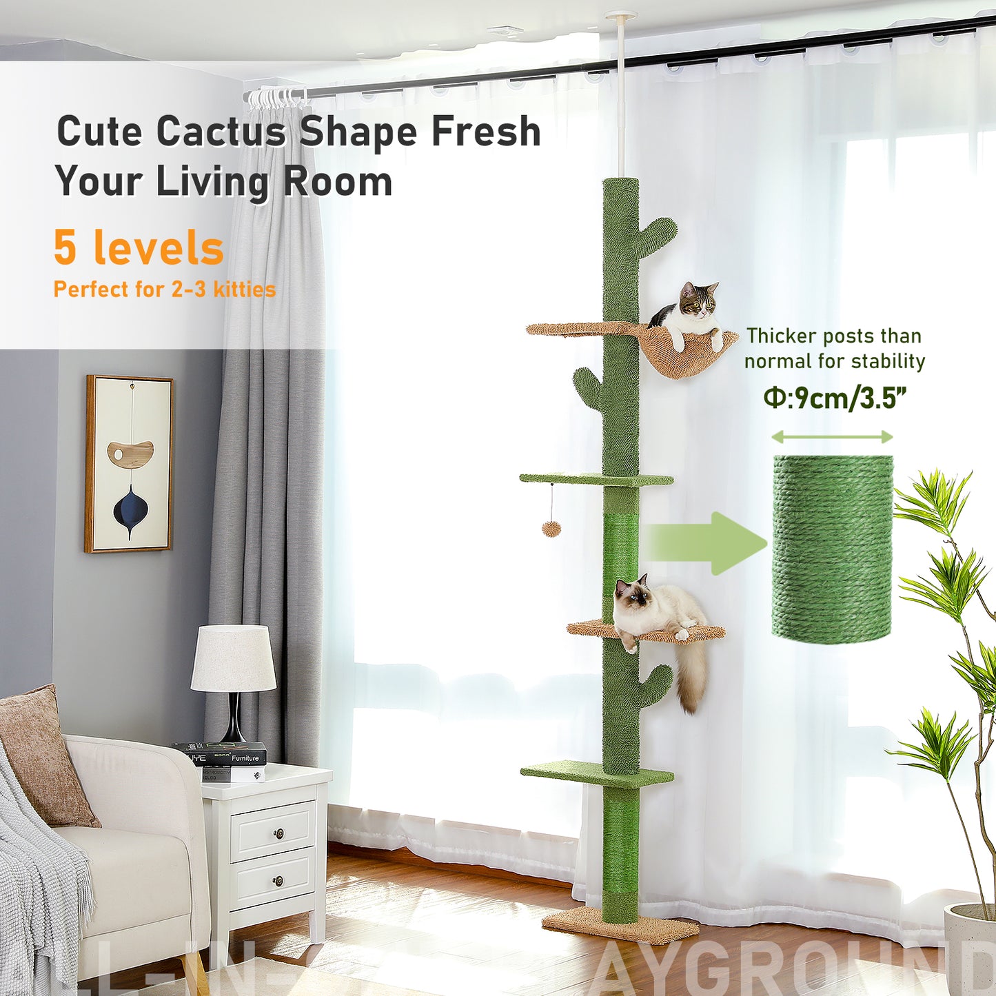 PAWZ Road Kaktus-Katzenkratzbaum | H?henverstellbar (241-274 cm) | Mit Sisal-Kratzs?ulen | Ideal f¨¹r Gro?katzen
