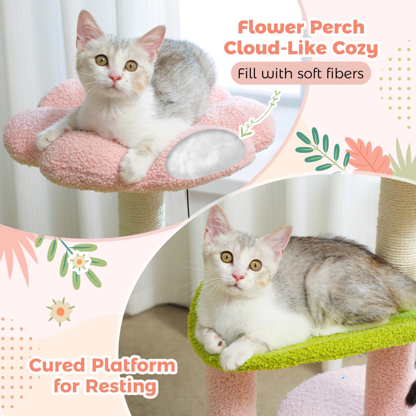 PAWZ Road Cat Tree – 81 cm purple flower cat tree | Sisal scratching posts | Cozy cat house | Cuddly platforms | Fluffy play balls