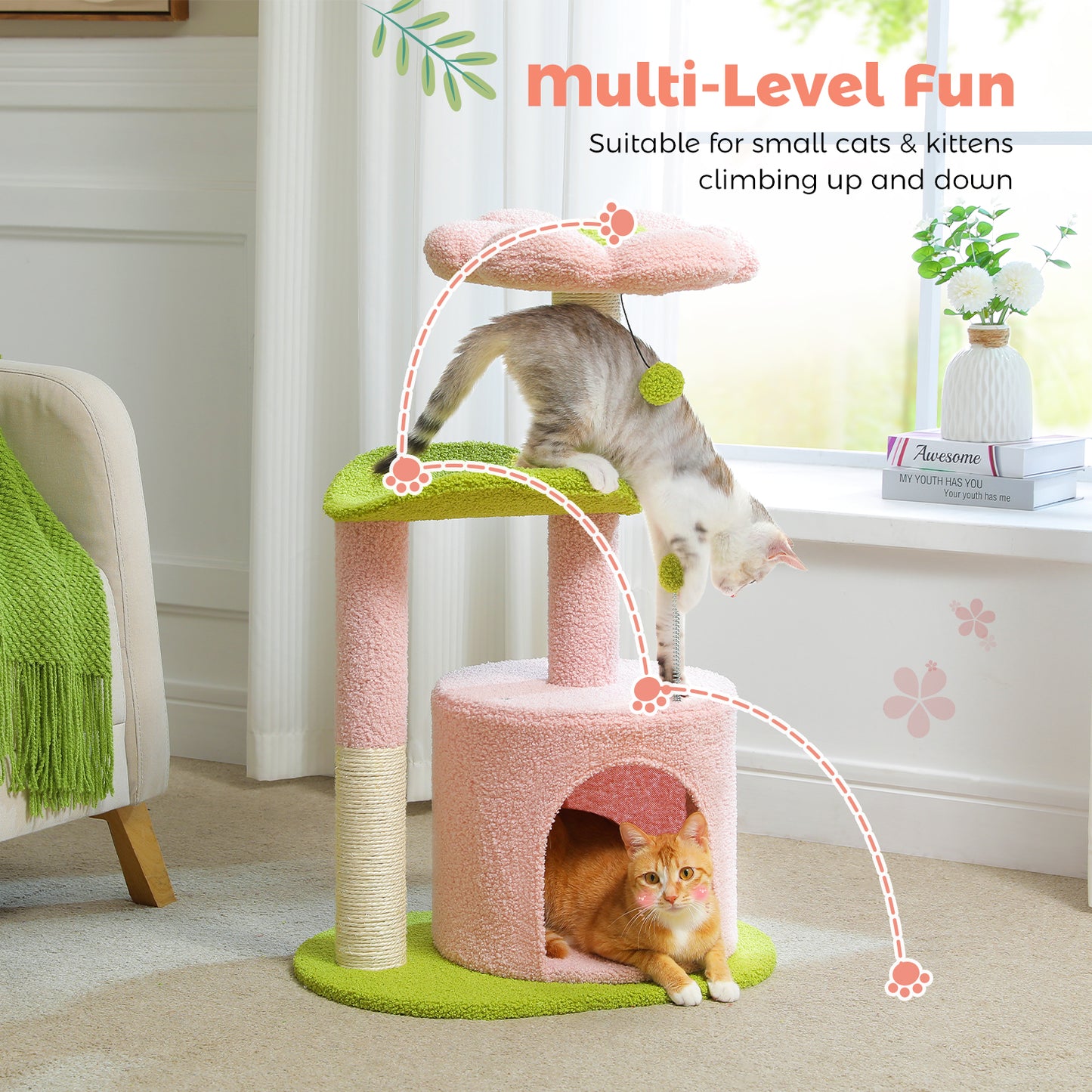 PAWZ Road Cat Tree – 81 cm purple flower cat tree | Sisal scratching posts | Cozy cat house | Cuddly platforms | Fluffy play balls