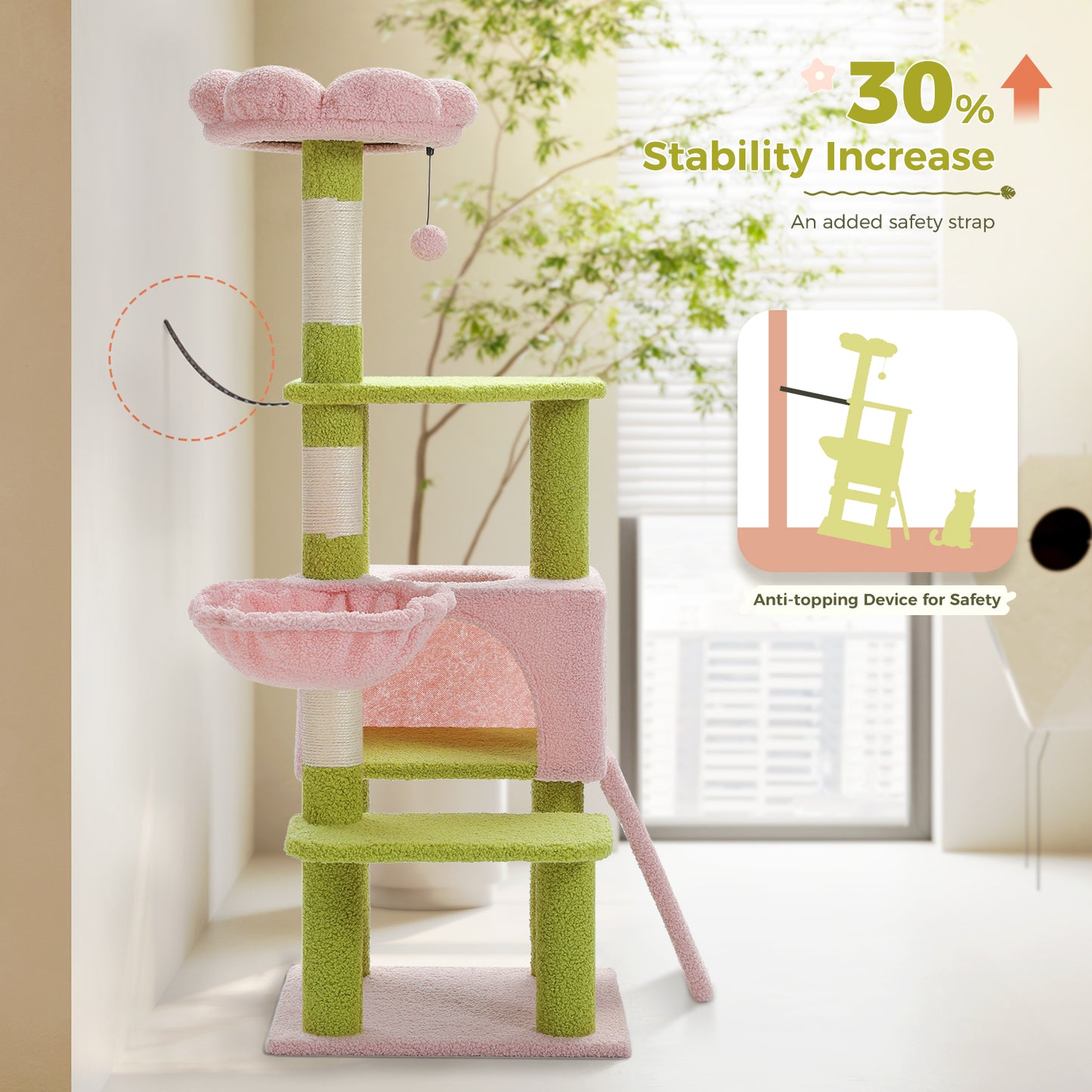 Albero per gatti PAWZ Road Flower (89 cm) – Tiragraffi rosa | Pali in sisal | Amaca in metallo | Piattaforma per dormire blu (inclusa palla da gioco)