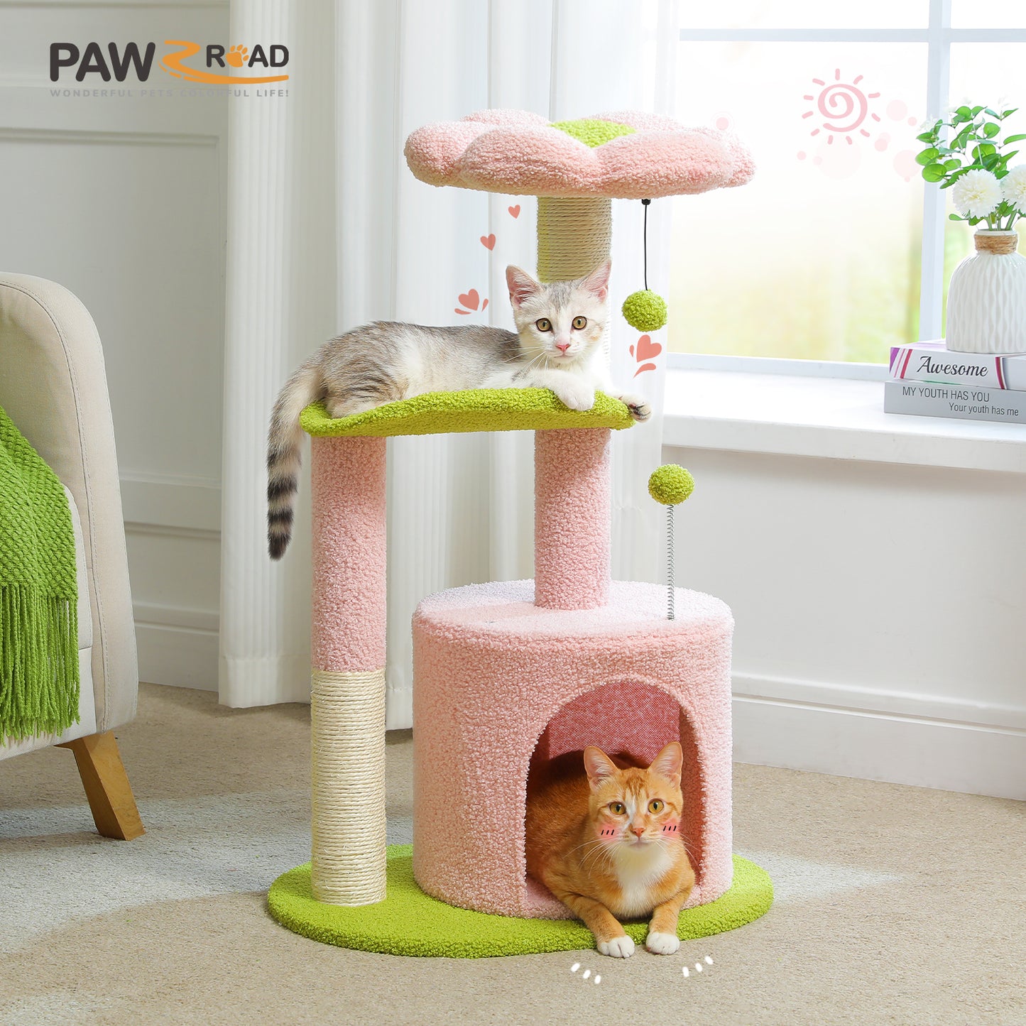 PAWZ Road Cat Tree – 81 cm purple flower cat tree | Sisal scratching posts | Cozy cat house | Cuddly platforms | Fluffy play balls