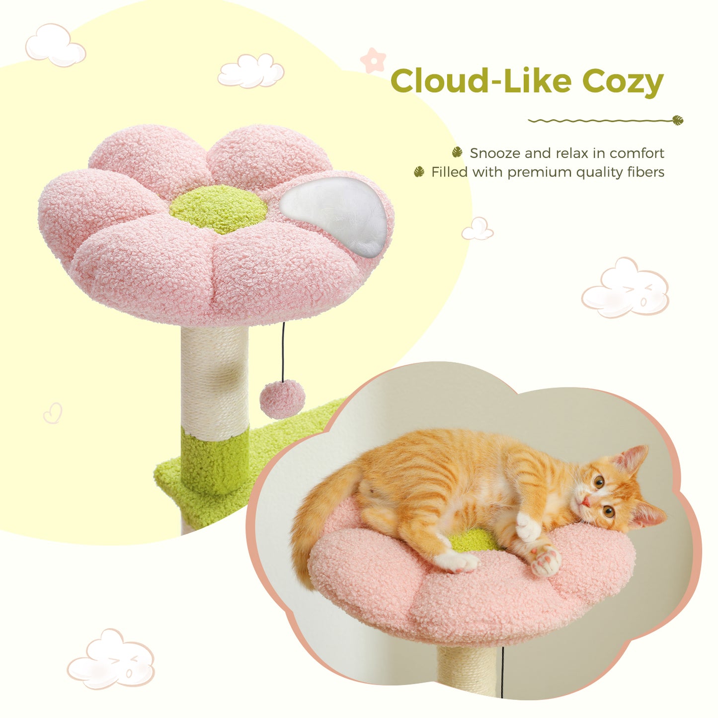 Albero per gatti PAWZ Road Flower (89 cm) – Tiragraffi rosa | Pali in sisal | Amaca in metallo | Piattaforma per dormire blu (inclusa palla da gioco)