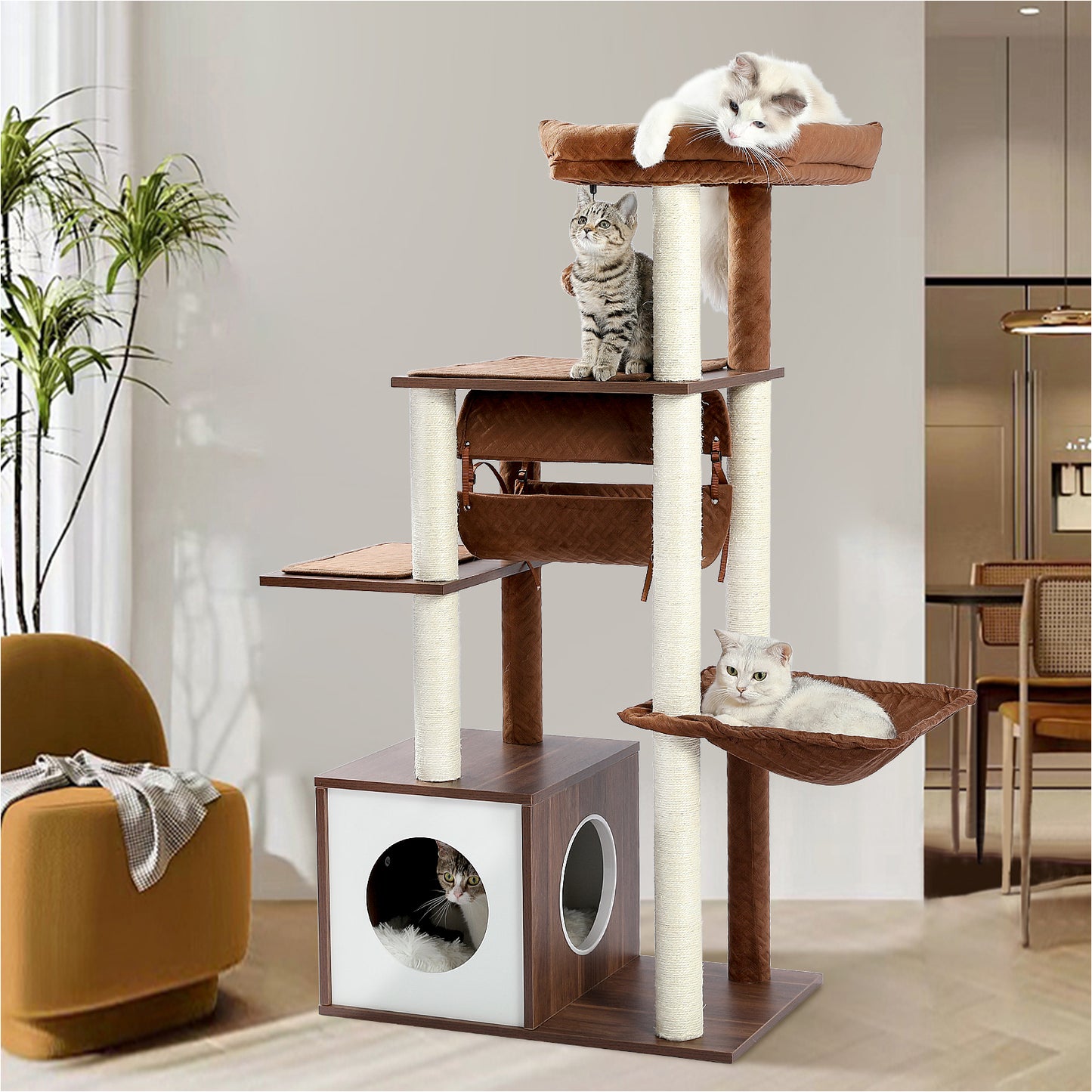 【130cm Extra High】PEQULTI Cat Tree - 51.4″ Multi-Level Platforms｜25.6″×16.9″ XXL Exercise Area"
