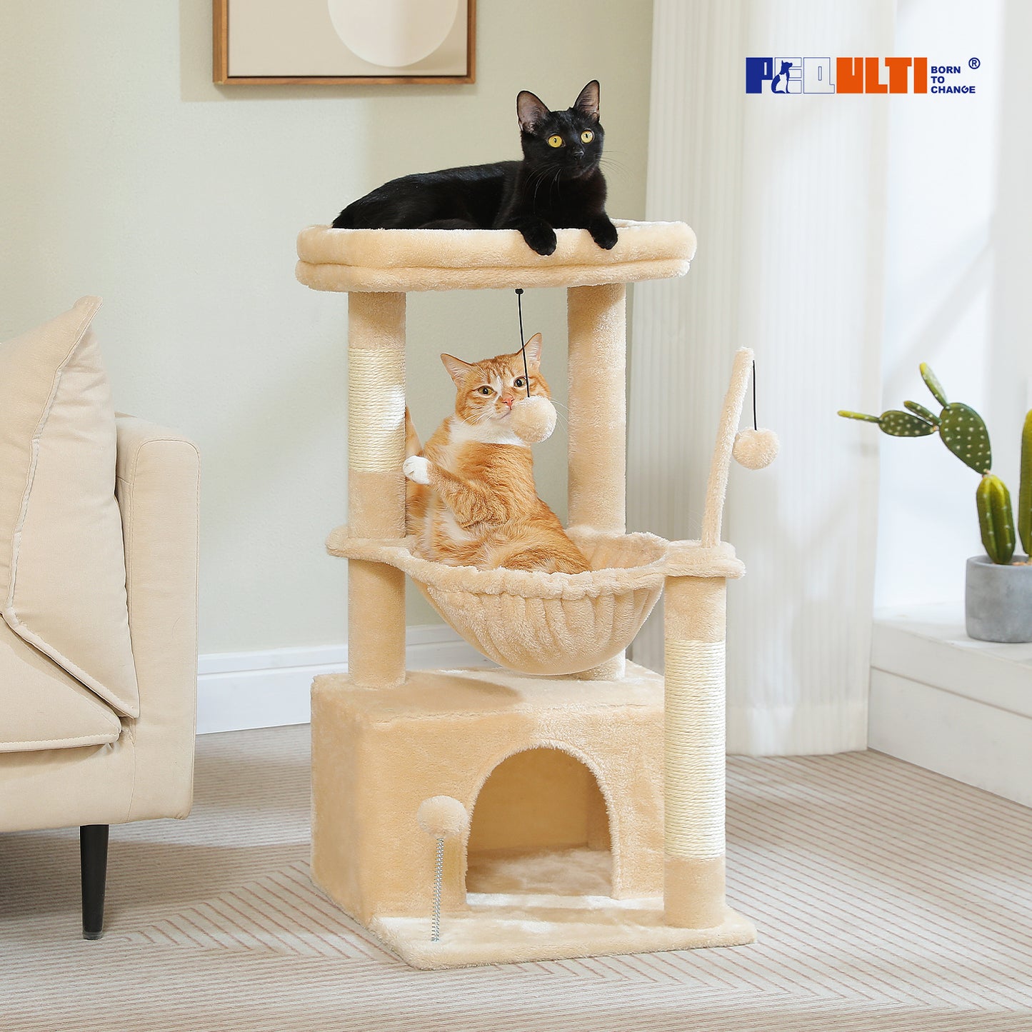 PEQULTI 4-in-1 Cactus Cat Tree | 84 cm Cat Tower | with XXL Sleeping House | Sisal Posts | Deep Hammock | Observation Deck