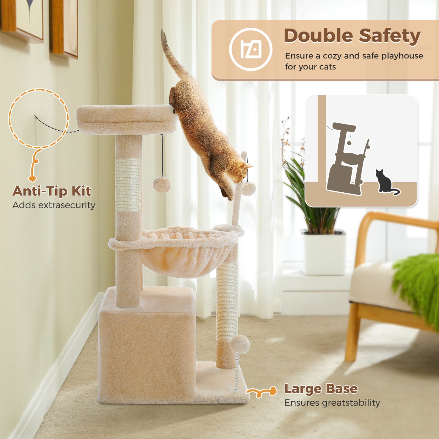 PEQULTI 4-in-1 Cactus Cat Tree | 84 cm Cat Tower | with XXL Sleeping House | Sisal Posts | Deep Hammock | Observation Deck