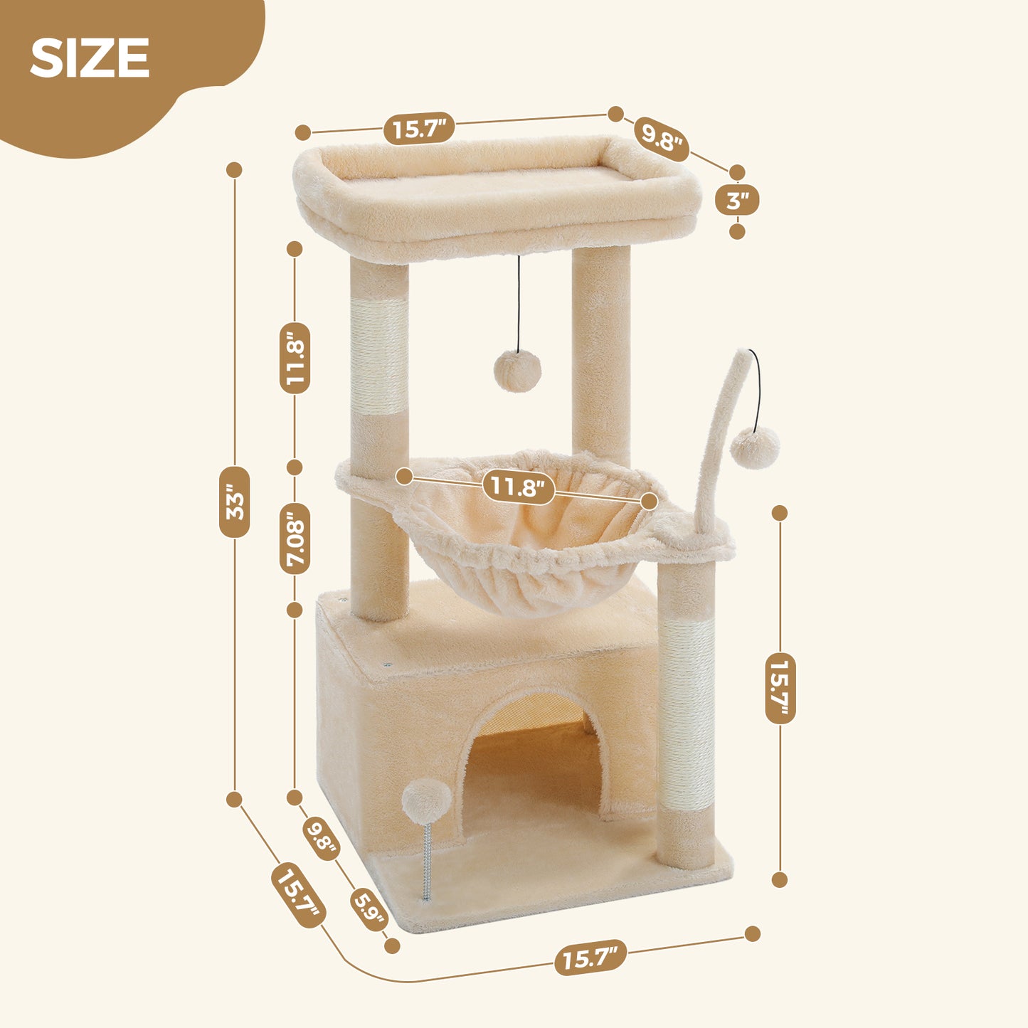 PEQULTI 4-in-1 Cactus Cat Tree | 84 cm Cat Tower | with XXL Sleeping House | Sisal Posts | Deep Hammock | Observation Deck