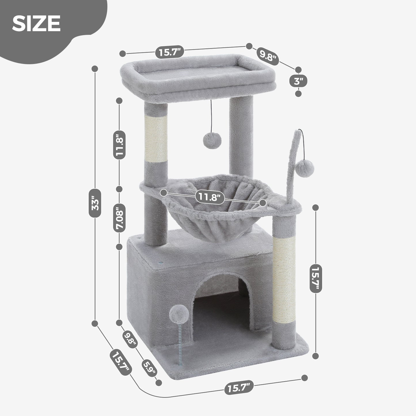PEQULTI 4-in-1 Cactus Cat Tree | 84 cm Cat Tower | with XXL Sleeping House | Sisal Posts | Deep Hammock | Observation Deck