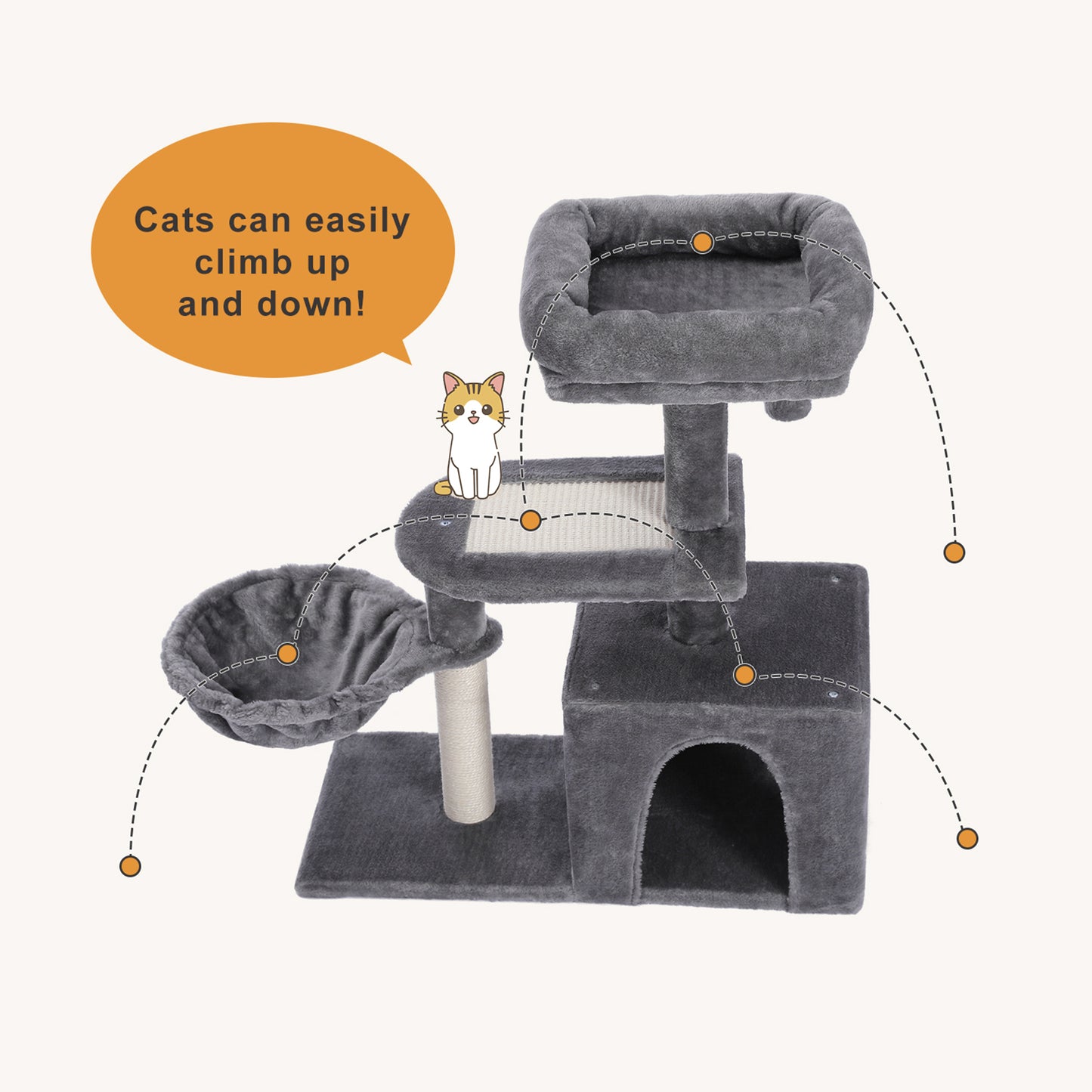 Multi-level cat tree | Swing hammock | Sisal scratching post | Height 80 cm (31.5 inches) | Plush platform + sisal wrapping | Machine washable