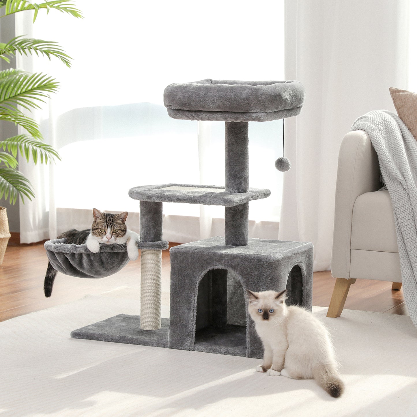 Multi-level cat tree | Swing hammock | Sisal scratching post | Height 80 cm (31.5 inches) | Plush platform + sisal wrapping | Machine washable
