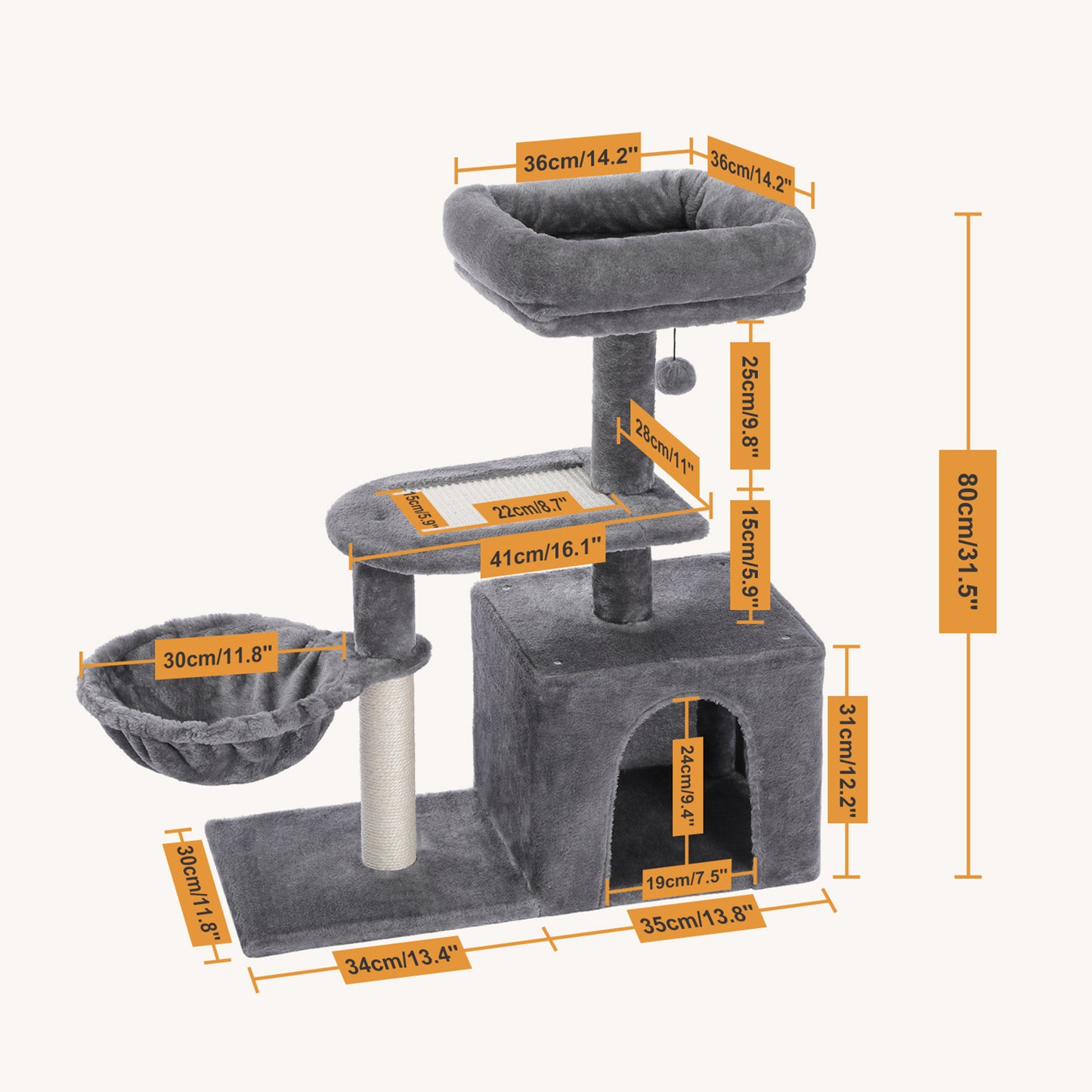 Multi-level cat tree | Swing hammock | Sisal scratching post | Height 80 cm (31.5 inches) | Plush platform + sisal wrapping | Machine washable
