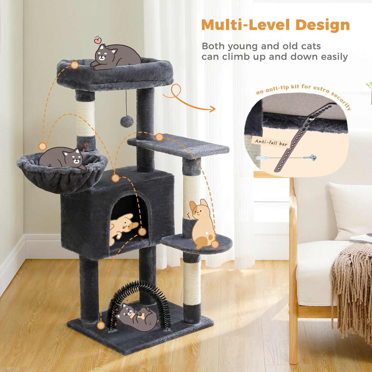 PAWZ Road 106 cm Arbre à chats avec maison de repos et perche à gratter en sisal