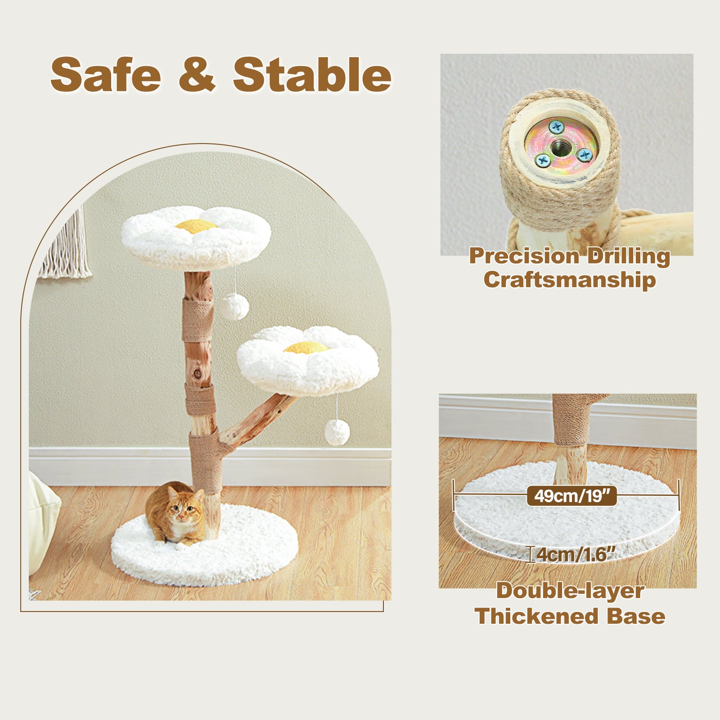 Rascador de flores moderno | Lujosa torre para gatos Boho de madera maciza | Con ramas de madera reales, columna de rascado y 2 plataformas | Diseño en blanco nube | Exclusivo para gatos de apartamento