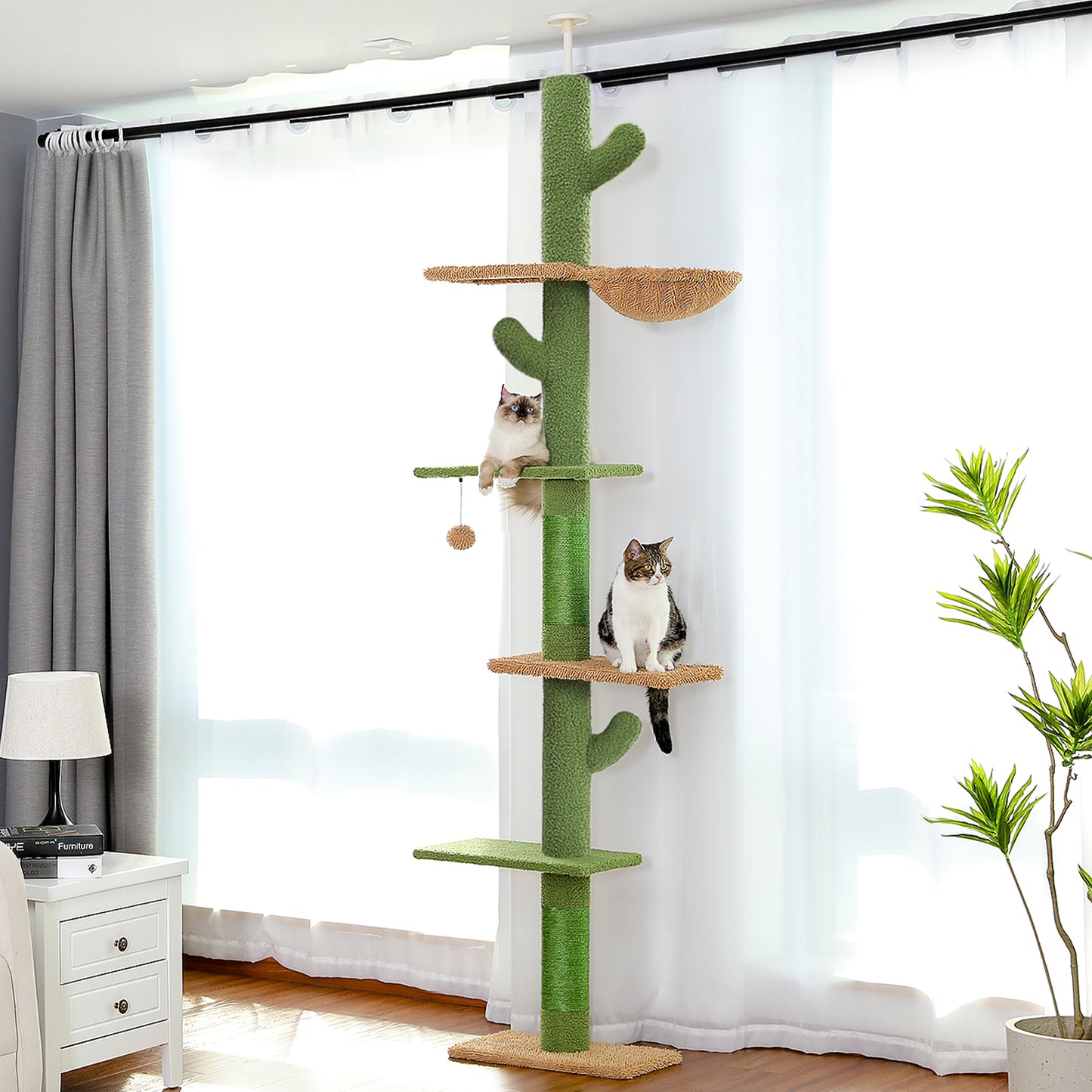 PAWZ Road Kaktus-Katzenkratzbaum | Deckenstütz-System | Höhenverstellbar (241-274 cm) | Mit Sisal-Kratzsäulen | Ideal für Großkatzen
