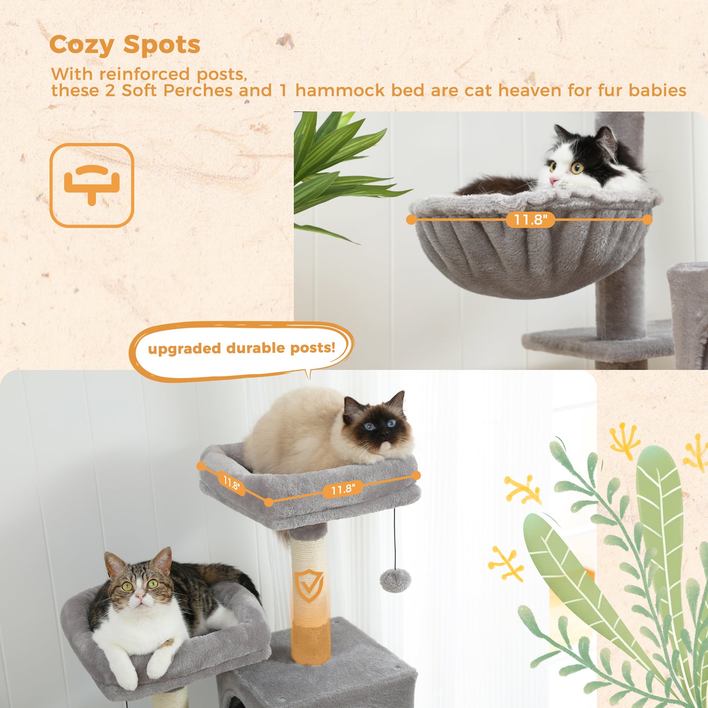 PAWZ Road XXL-Árbol rascador 162cm | Columnas rascadoras envueltas en sisal | Con gran hamaca + 2 plataformas superiores | Incl. pelotas de juego intercambiables | Para razas de gatos grandes