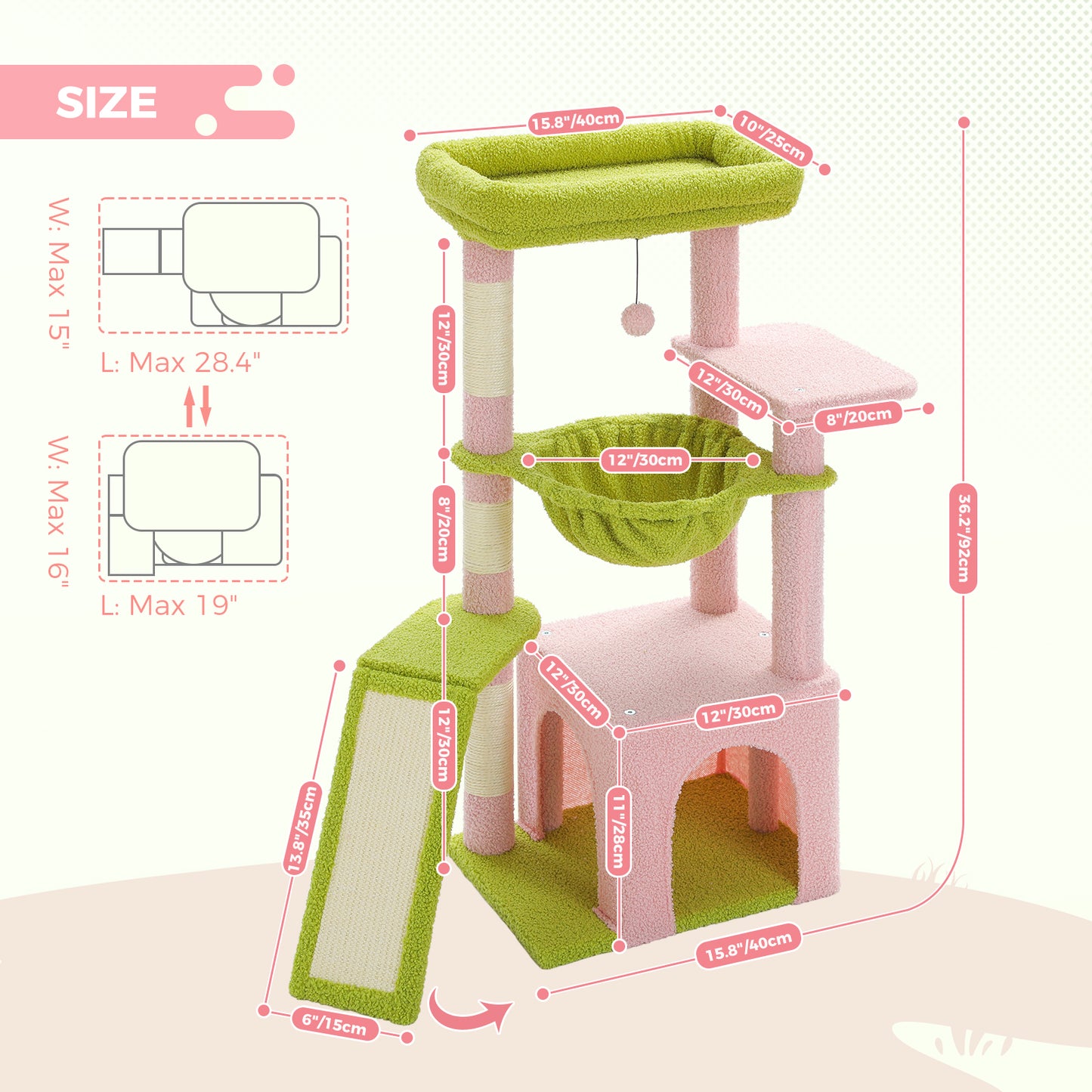 Albero per gatti da interno PAWZ Road | Torre tiragraffi verde da 90 cm | con spaziosa cuccia | 1 piano in sisal | 3 tiragraffi | Amaca XXL e piattaforma panoramica