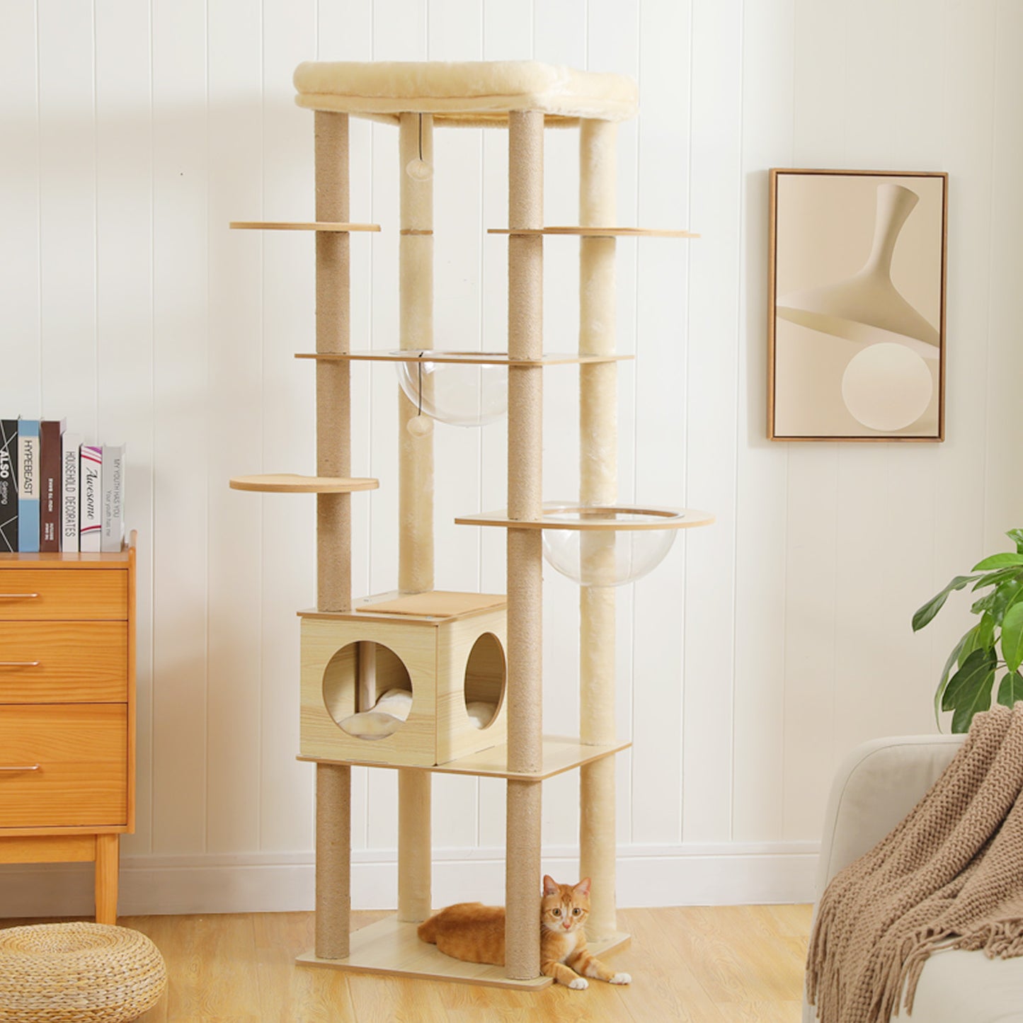 PAWZ Road Großer Katzenbaum 180 cm – Holz-Kratzturm mit Acryl-Kugelnestern | Kratzsäulen & XL-Schlafplattform für große Katzen