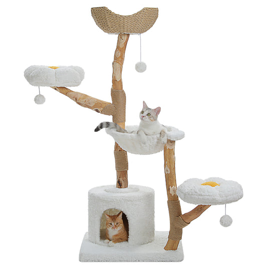 Moderner Katzenkletterturm (für große Katzen) mit 2 Blumenpodesten | 150cm | Natürliche Kratzsäule aus Massivholz mit echtem Ast | Luxus-Boho-Katzenmöbel mit Schlafhaus + geflochtenem Körbchen (Wolkenweiß)