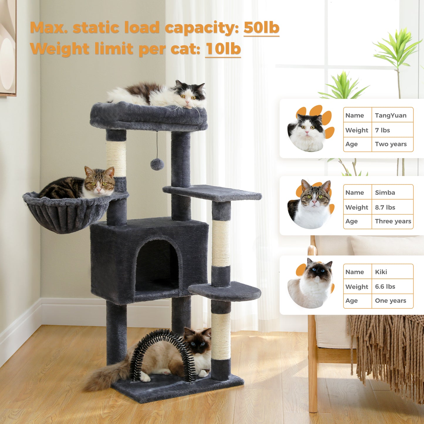 PAWZ Road 106 cm Arbre à chats avec maison de repos et perche à gratter en sisal