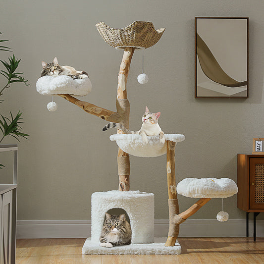 Moderner Katzenkletterturm (für große Katzen) mit 2 Blumenpodesten | 150cm | Natürliche Kratzsäule aus Massivholz mit echtem Ast | Luxus-Boho-Katzenmöbel mit Schlafhaus + geflochtenem Körbchen (Wolkenweiß)