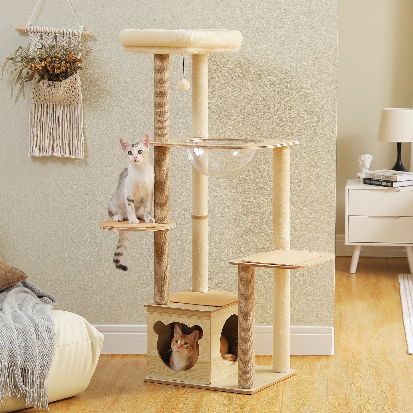 PAWZ Road Rascador Moderno | Torre para Gatos de 135 cm para Apartamentos | Con 4 Columnas de Sisal para Rascar | Casita de Sueño en Forma de Cápsula y Pelotas de Juego
