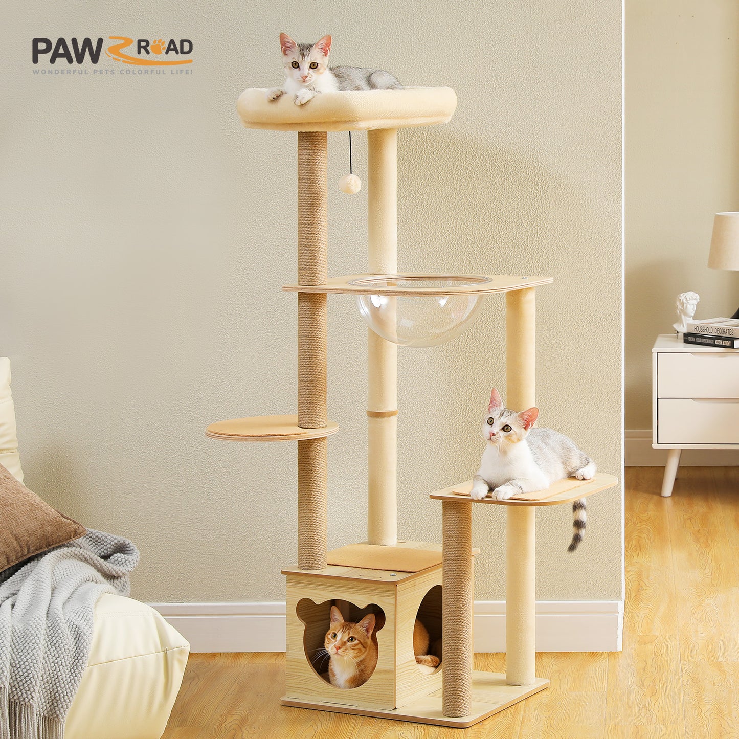 PAWZ Road moderner Kratzbaum | 135 cm hoher Katzenturm aus Holz | für Wohnungskatzen | Katzenmöbel mit 4 sisalumwickelten Kratzpfosten