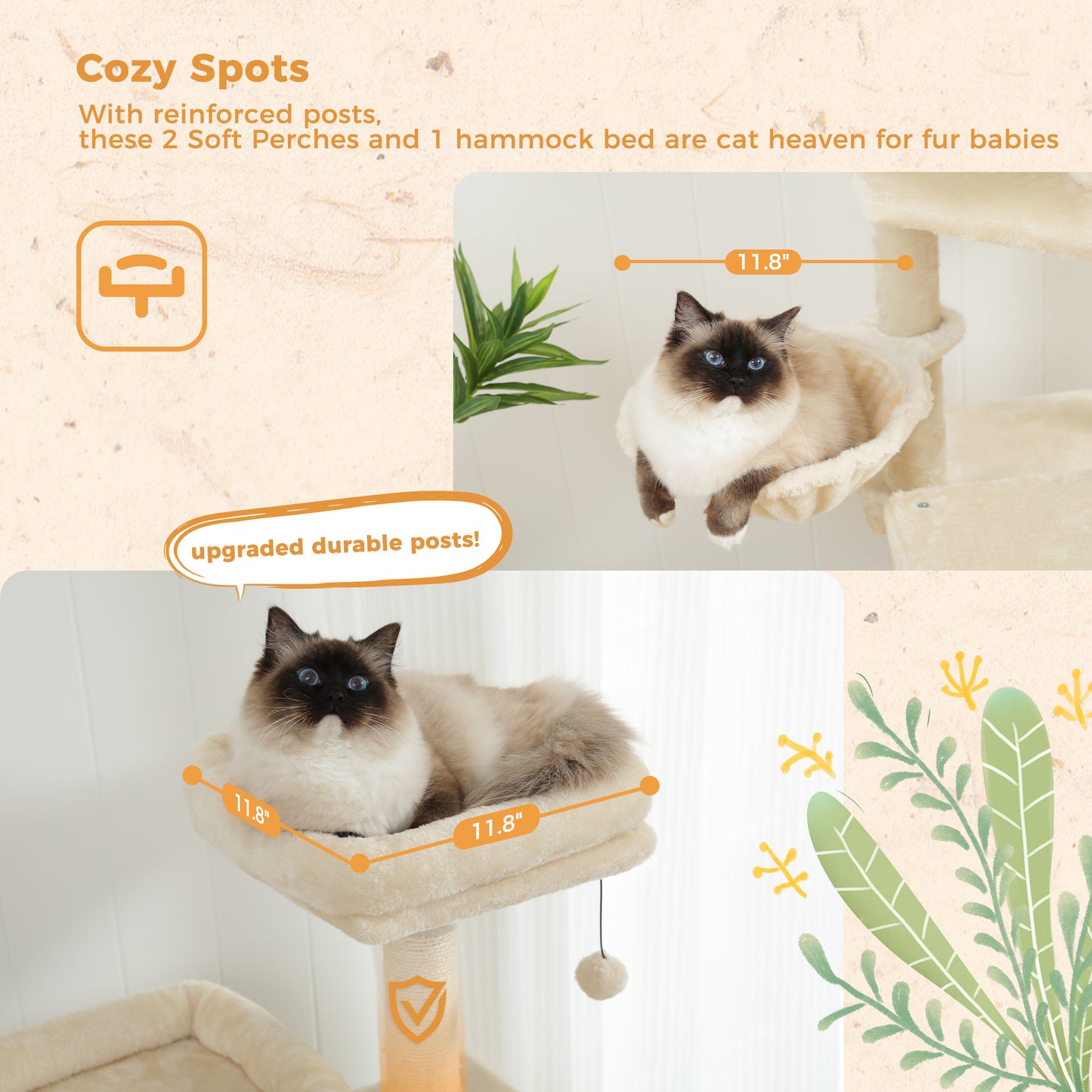 PAWZ Road XXL-Árbol rascador 162cm | Columnas rascadoras envueltas en sisal | Con gran hamaca + 2 plataformas superiores | Incl. pelotas de juego intercambiables | Para razas de gatos grandes