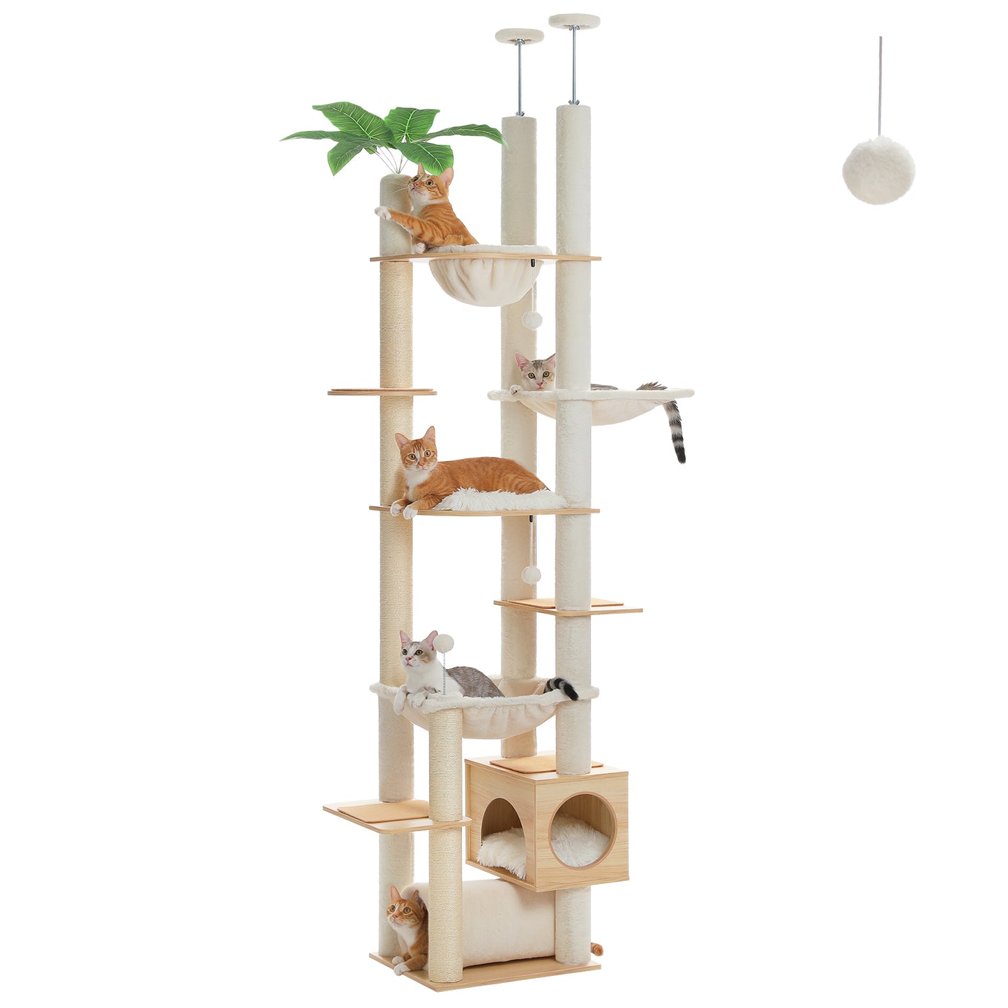 PAWZ Road Höhenverstellbarer Premium-Katzenbaum | Mit Kletterhaus, XXL-Hängematte & Naturholz-Pfosten