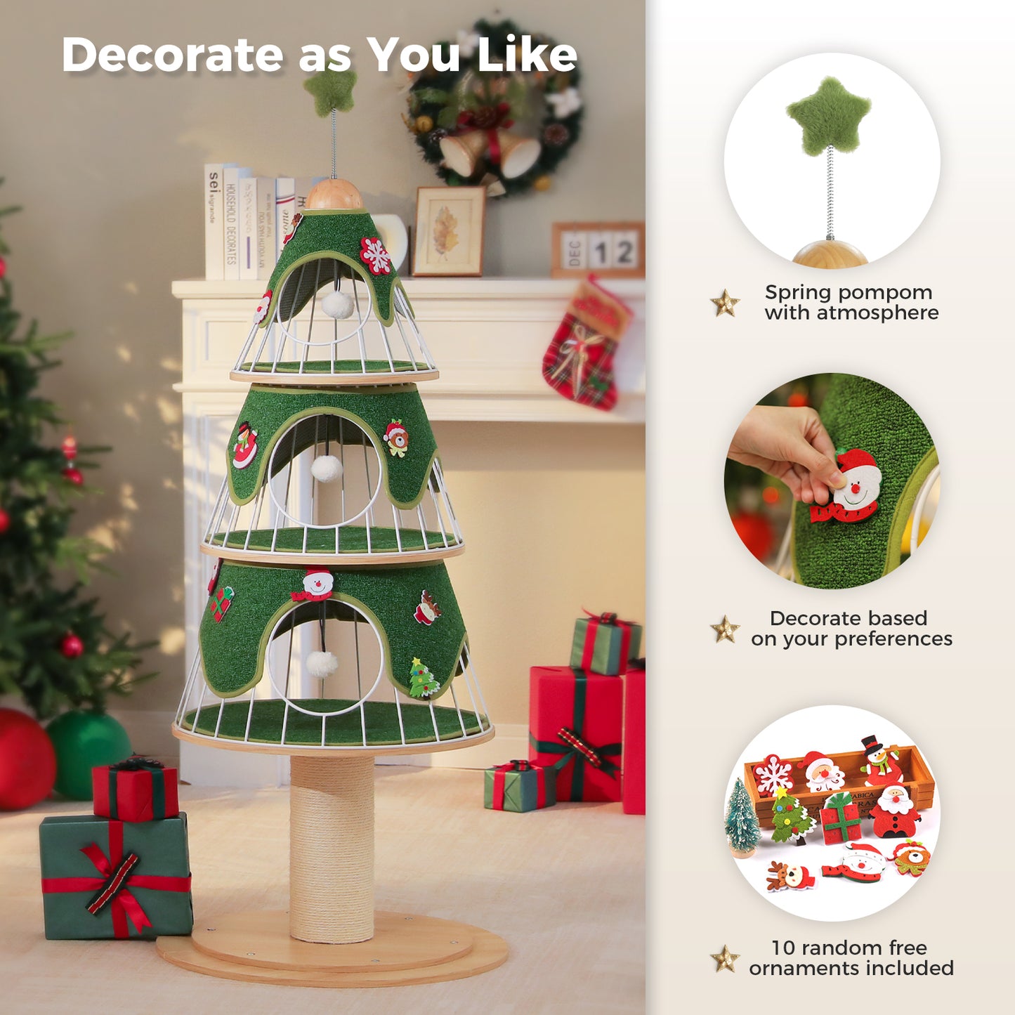 PAWZ Road Arbre de Noël pour chats, tour d'escalade multicouche de 130 cm de haut avec revêtement en sisal de 14 cm d'épaisseur pour gratter et 3 grands abris de sommeil – Arbre intérieur pour chats