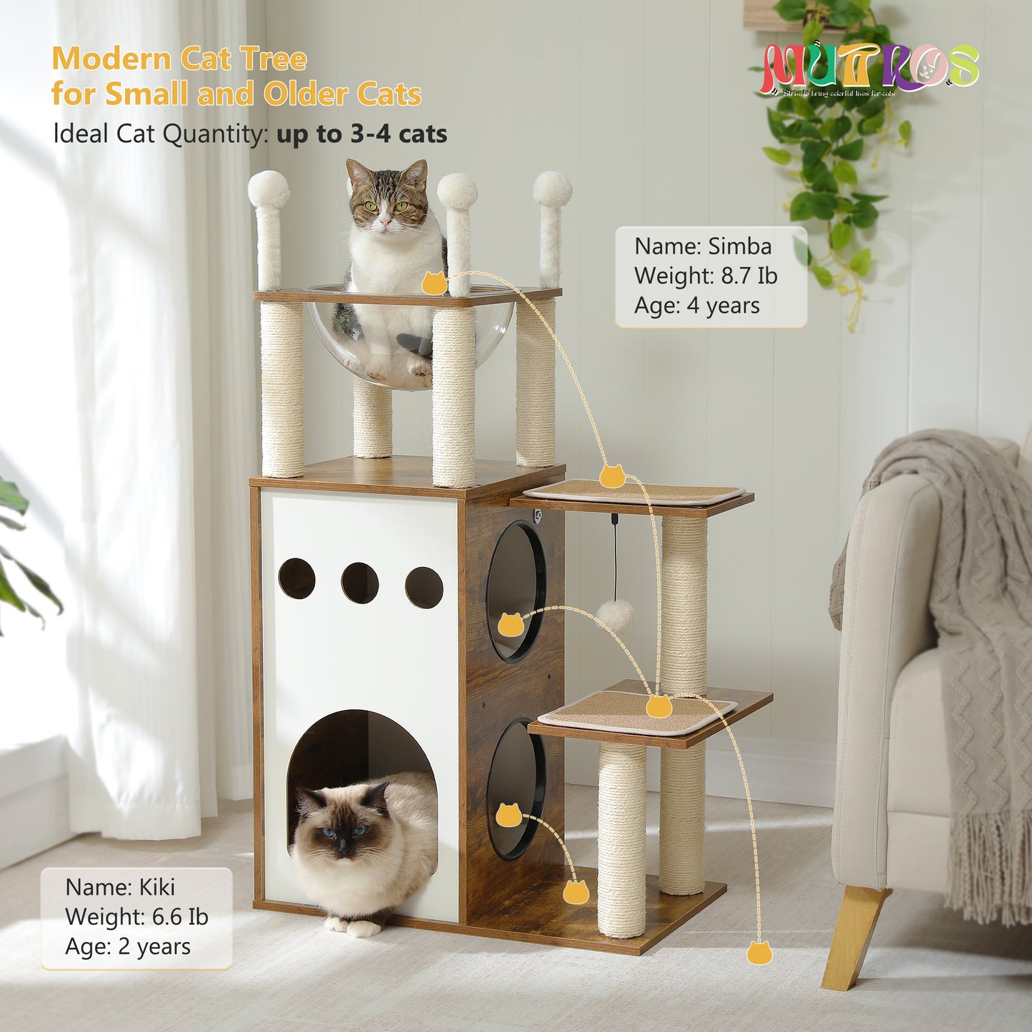90% increased stability: Modern Cat Tree｜23.6" solid wooden board + 2 anti-slip pads｜67×34cm large space (load capacity 45lb/4 cats)