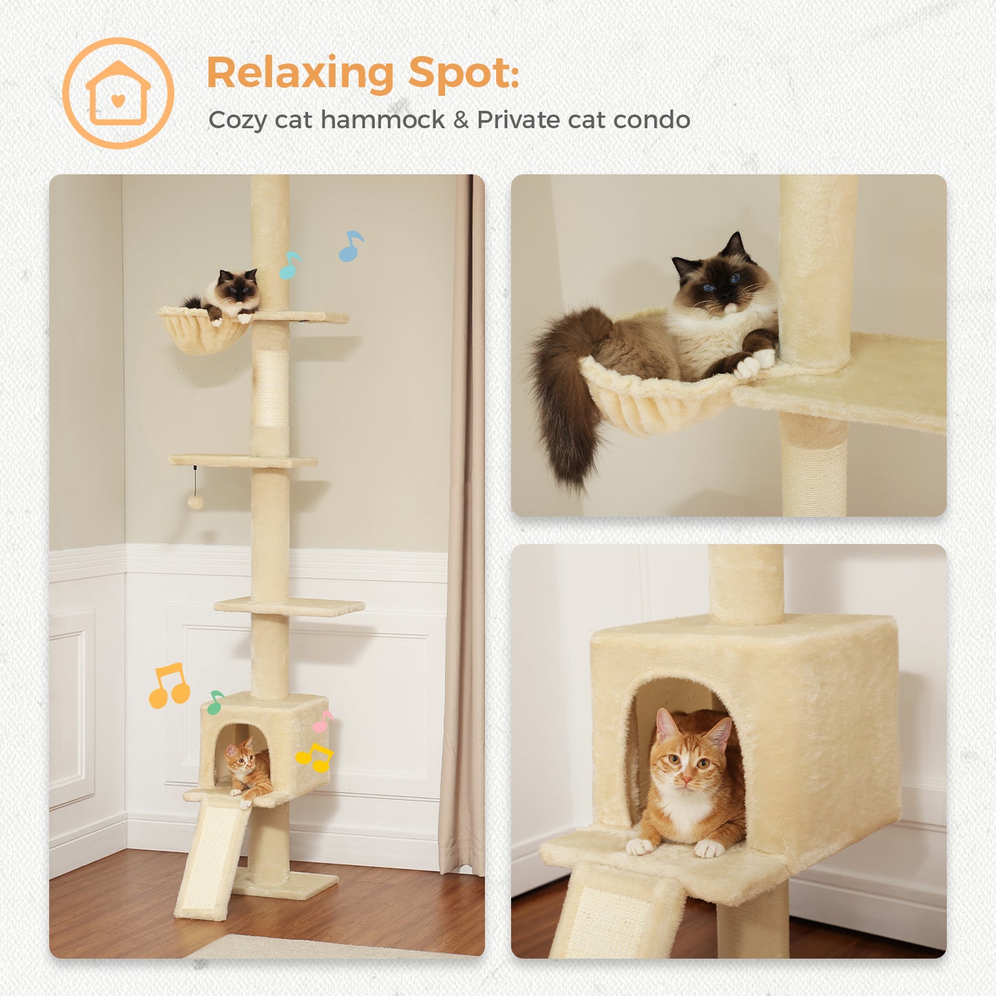 PAWZ Road Kaktus-Katzenbaum | 216-273 cm höhenverstellbar | Decken-zu-Boden-Kratzturm | mit Hängematte & Schlafhaus | Anti-Fall-Gurt