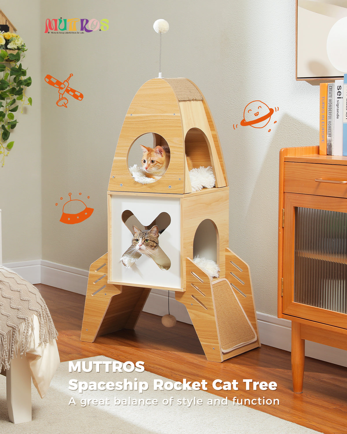 PAWZ Road Rascador Moderno de Cohetes | 120 cm | Árbol para Gatos de Madera Maciza | Torre de Escalada Interior para Gatos
