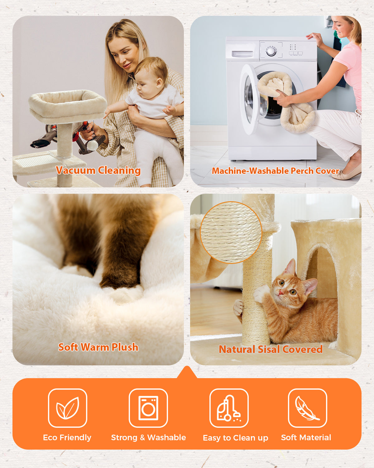 Multi-level cat tree | Swing hammock | Sisal scratching post | Height 80 cm (31.5 inches) | Plush platform + sisal wrapping | Machine washable