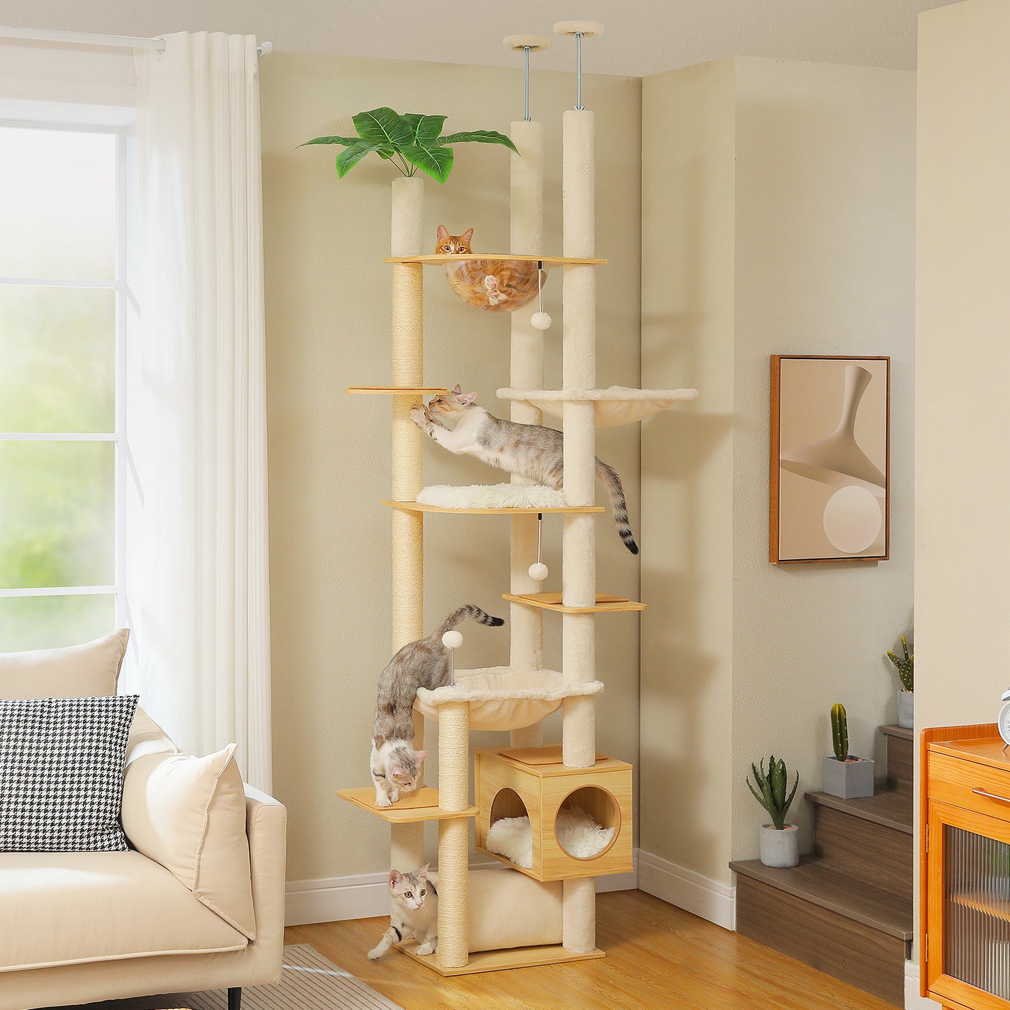 PAWZ Road Höhenverstellbarer Premium-Katzenbaum | Mit Kletterhaus, XXL-Hängematte & Naturholz-Pfosten