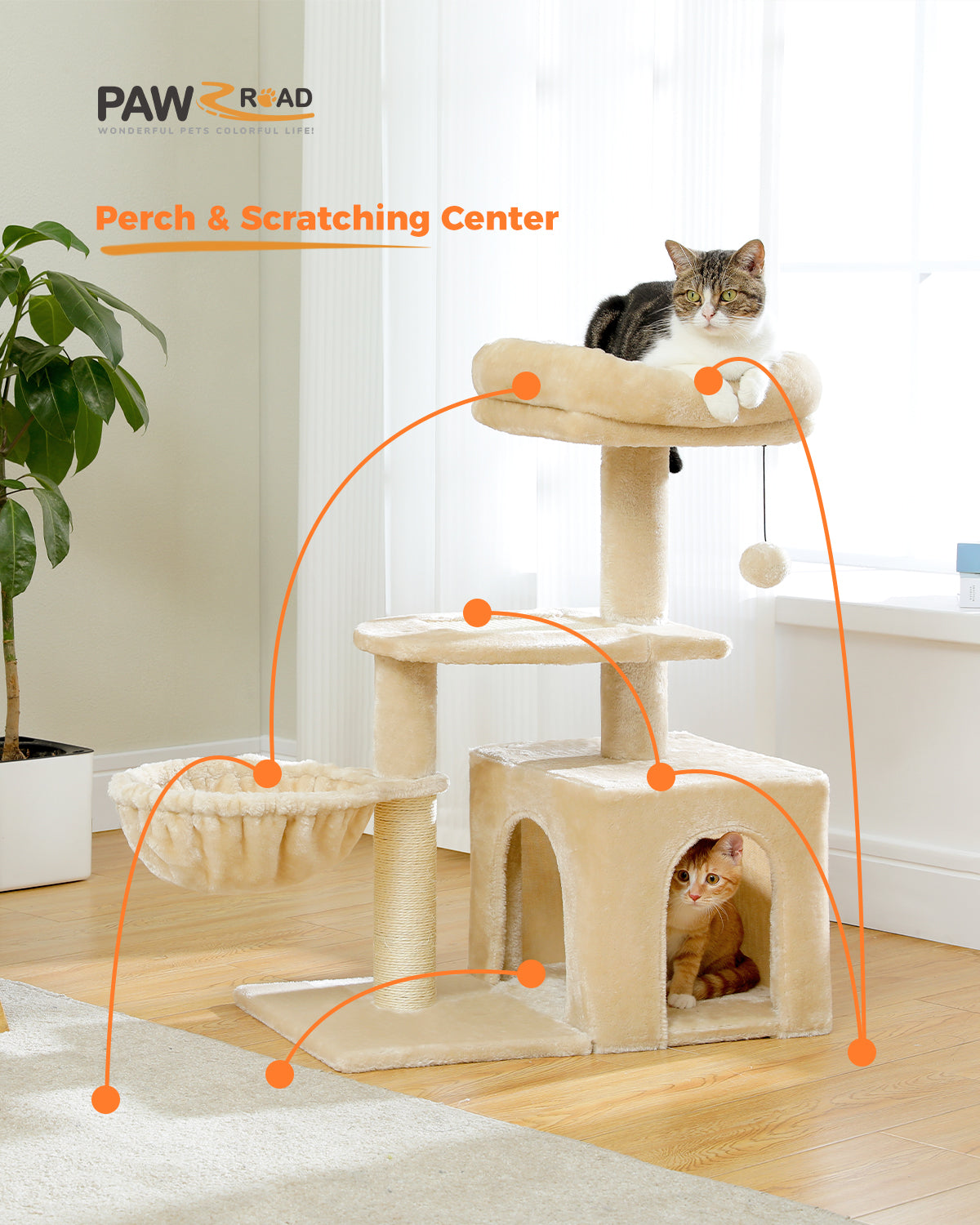 Multi-level cat tree | Swing hammock | Sisal scratching post | Height 80 cm (31.5 inches) | Plush platform + sisal wrapping | Machine washable