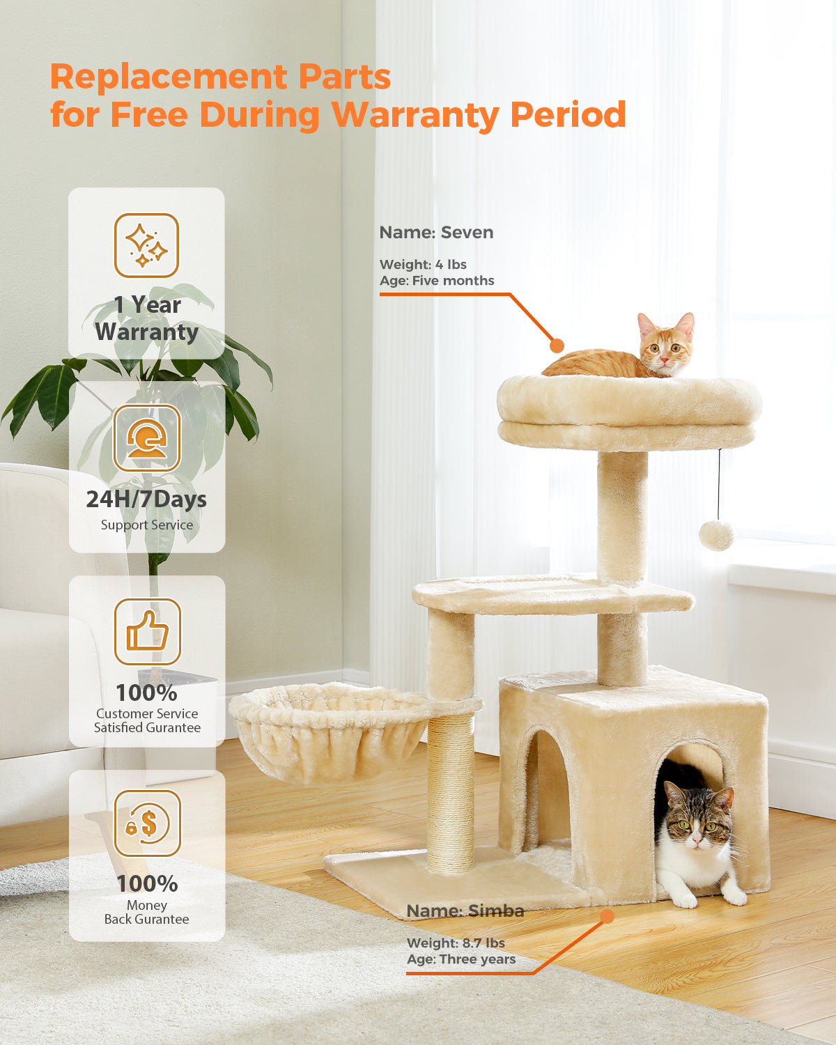 Multi-level cat tree | Swing hammock | Sisal scratching post | Height 80 cm (31.5 inches) | Plush platform + sisal wrapping | Machine washable