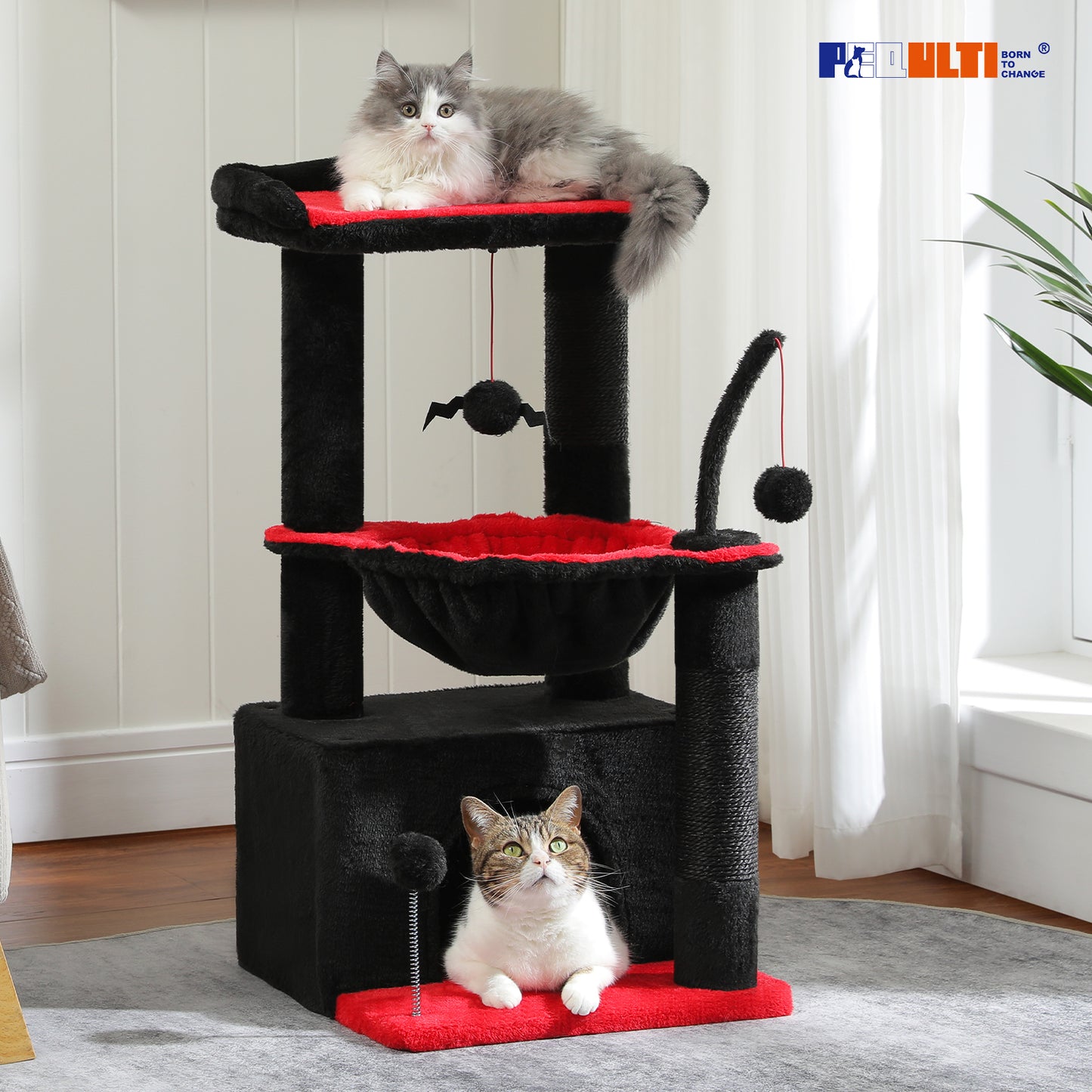 PEQULTI 4-in-1 Cactus Cat Tree | 84 cm Cat Tower | with XXL Sleeping House | Sisal Posts | Deep Hammock | Observation Deck