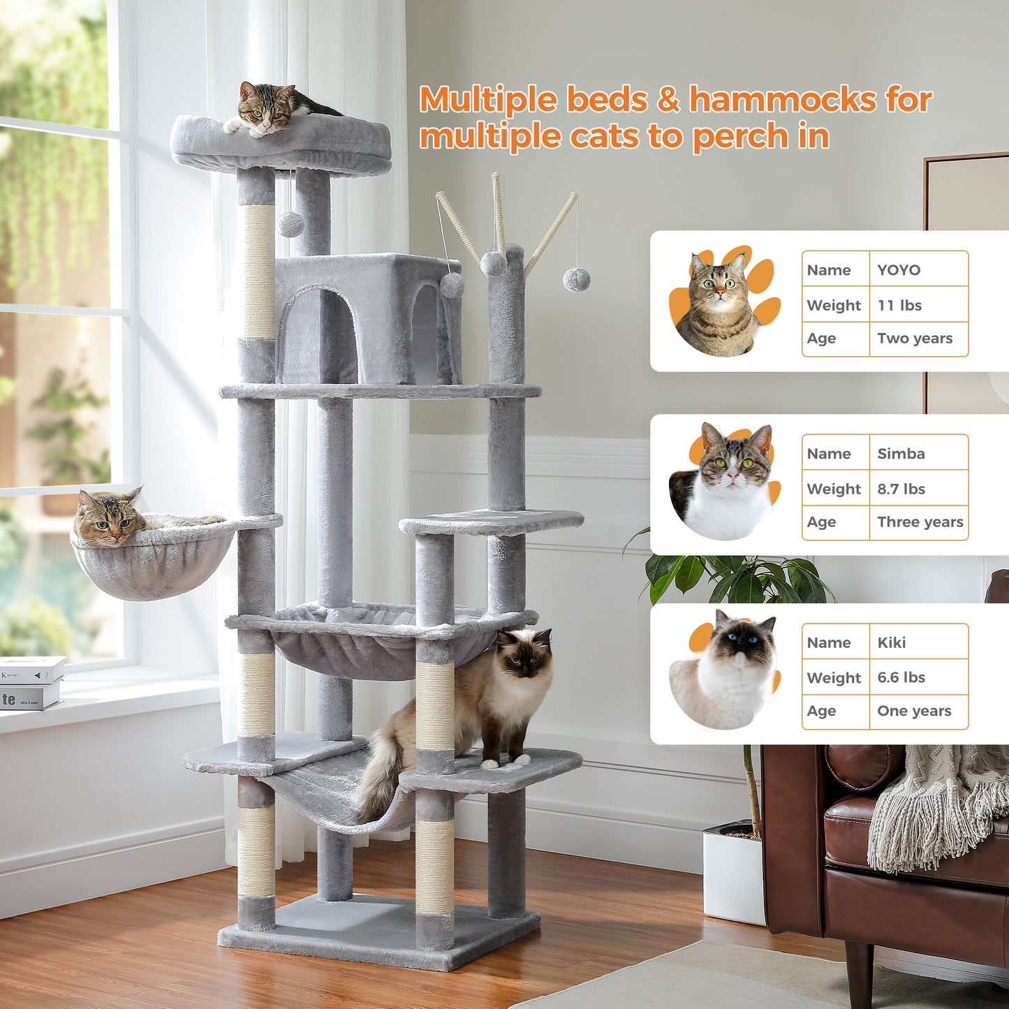 PETEPELA Arbre à chats de 175 cm pour chats de grande taille en appartement