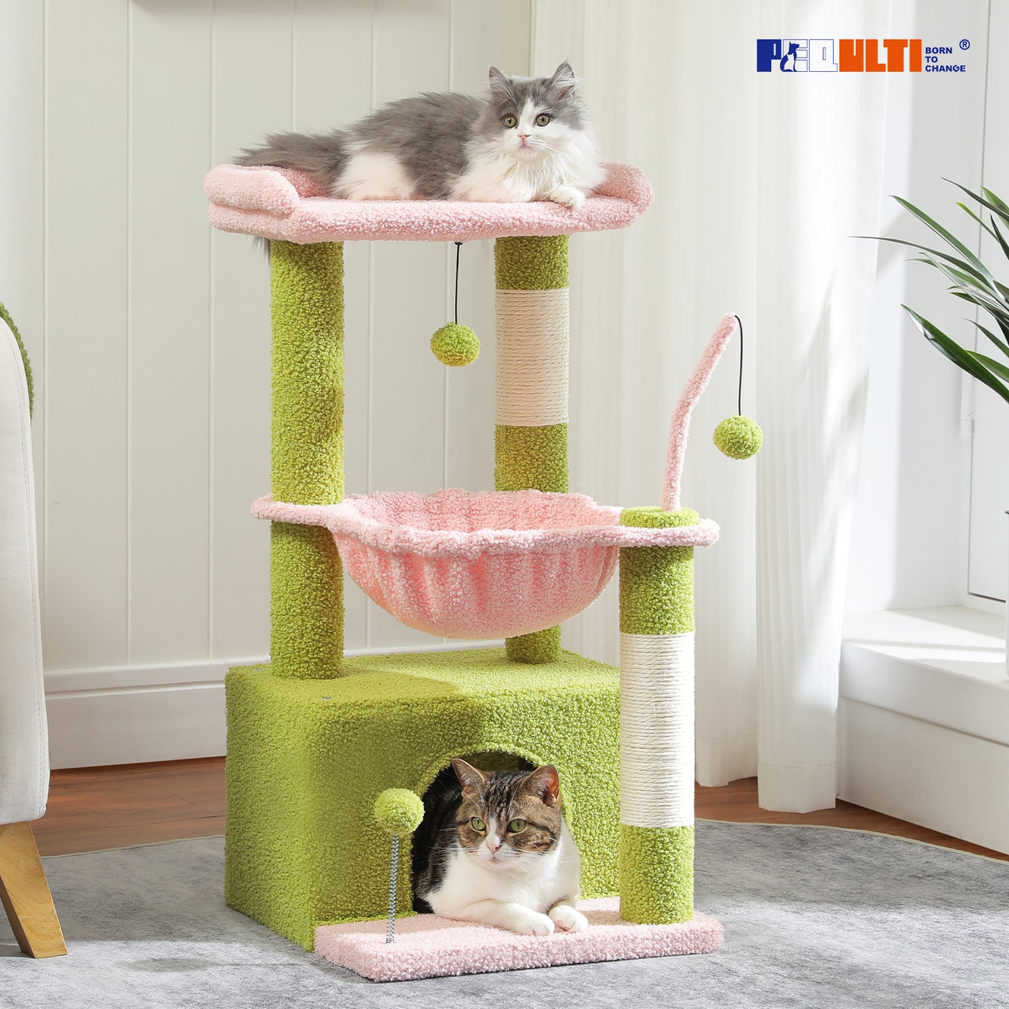 PEQULTI 4-in-1 Cactus Cat Tree | 84 cm Cat Tower | with XXL Sleeping House | Sisal Posts | Deep Hammock | Observation Deck