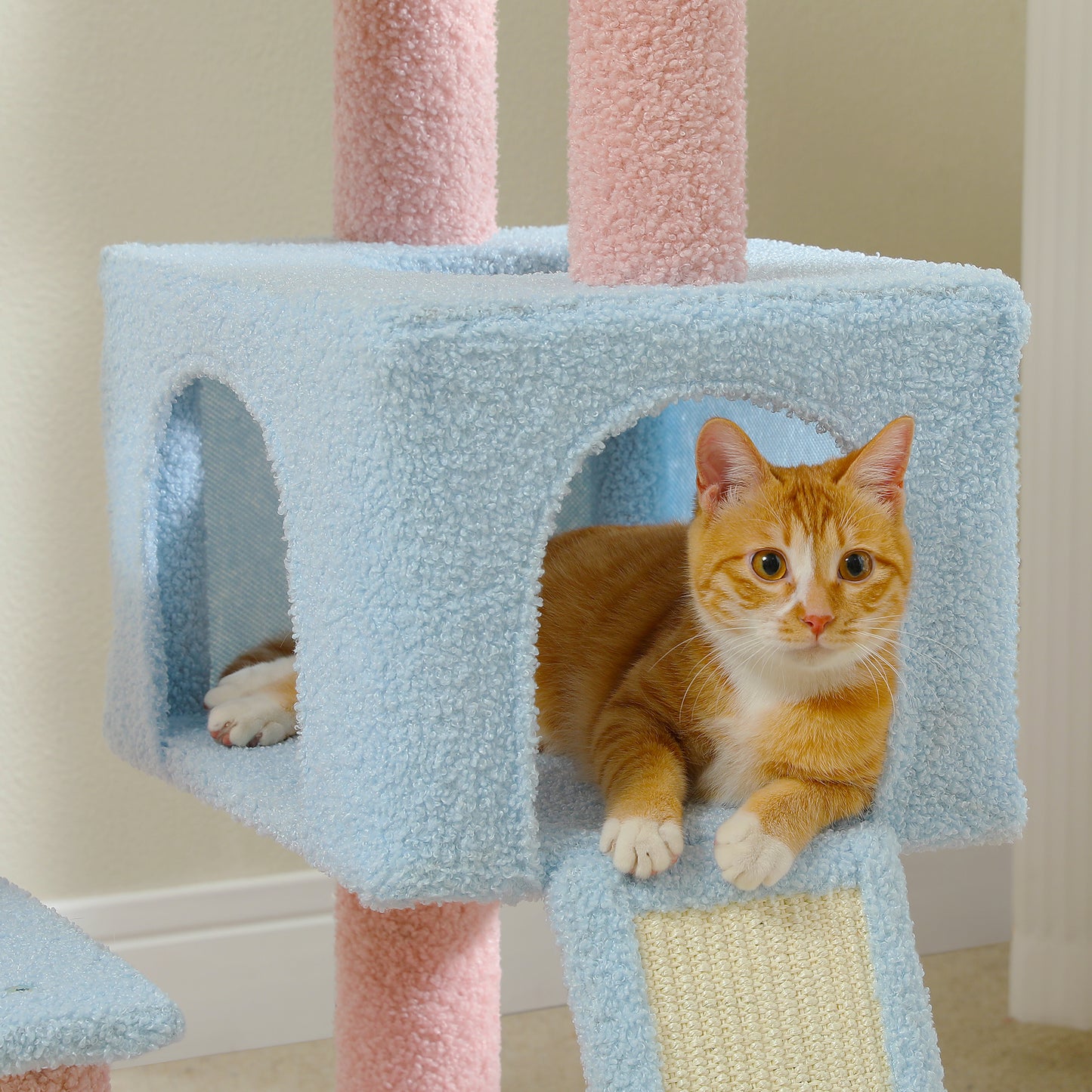 Albero per gatti PAWZ Road Flower (89 cm) – Tiragraffi rosa | Pali in sisal | Amaca in metallo | Piattaforma per dormire blu (inclusa palla da gioco)