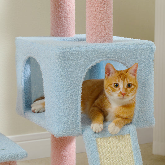 Albero per gatti PAWZ Road Flower (89 cm) – Tiragraffi rosa | Pali in sisal | Amaca in metallo | Piattaforma per dormire blu (inclusa palla da gioco)