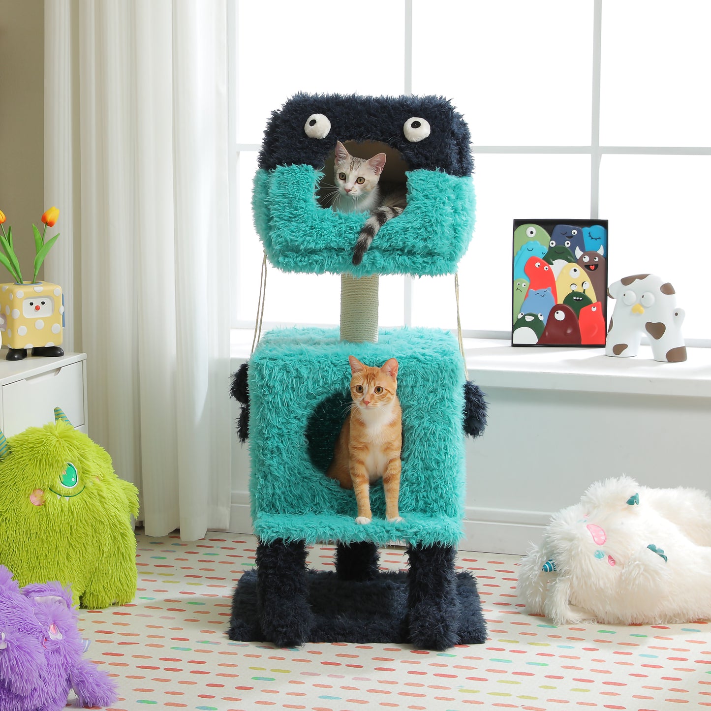 PAWZ Road Monster Cat House &amp; Scratching Post 2-in-1 | Blue | With removable sleeping cave | Double cave design | Heated bed