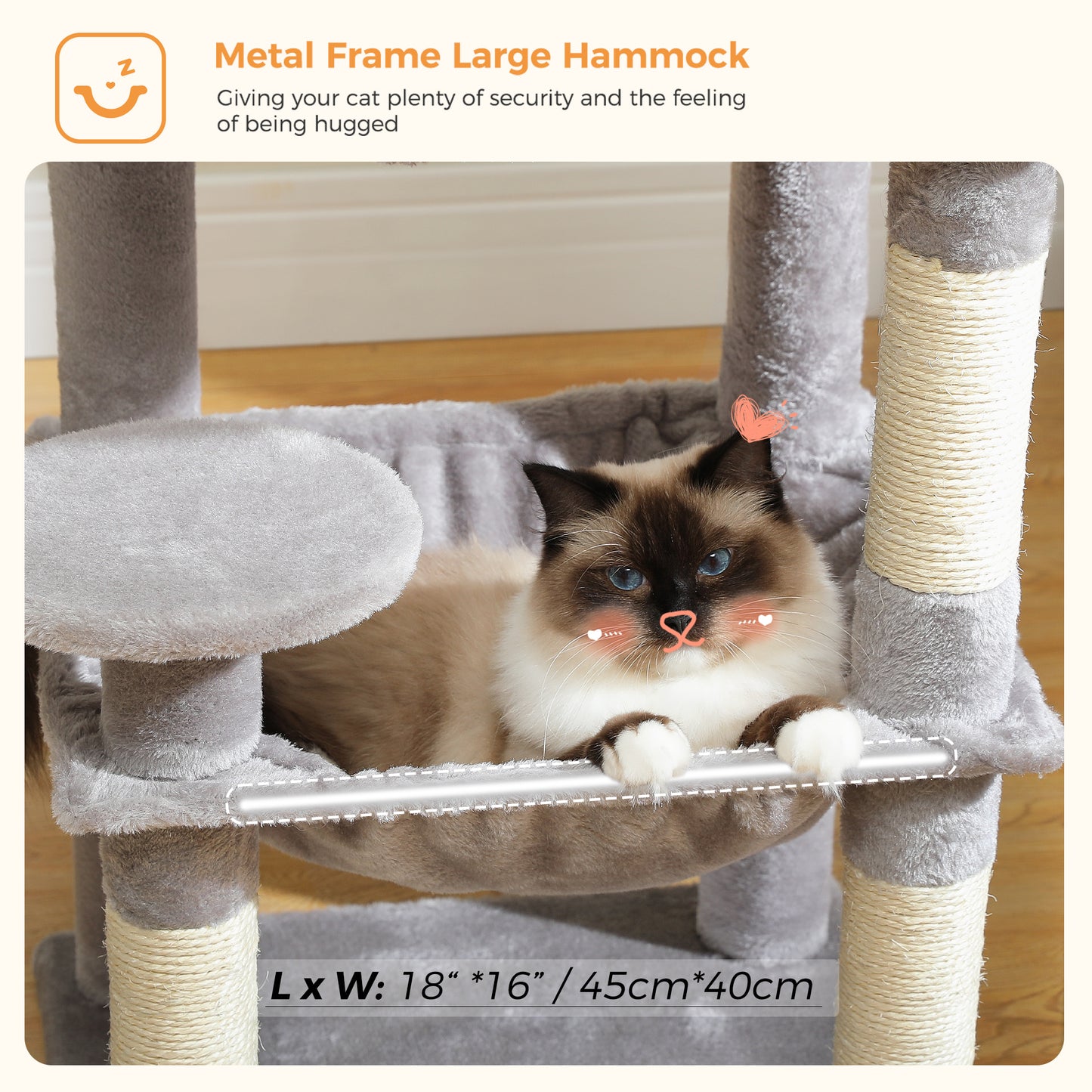 PAWZ Road 116 cm Katzenbaum mittelgroßer Kratzturm mit 4 Sisal-Kratzpfosten, Metallrahmen großer Hängematte und gemütlichem Schlafhaus, Aktivitätszentrum stabil und robust
